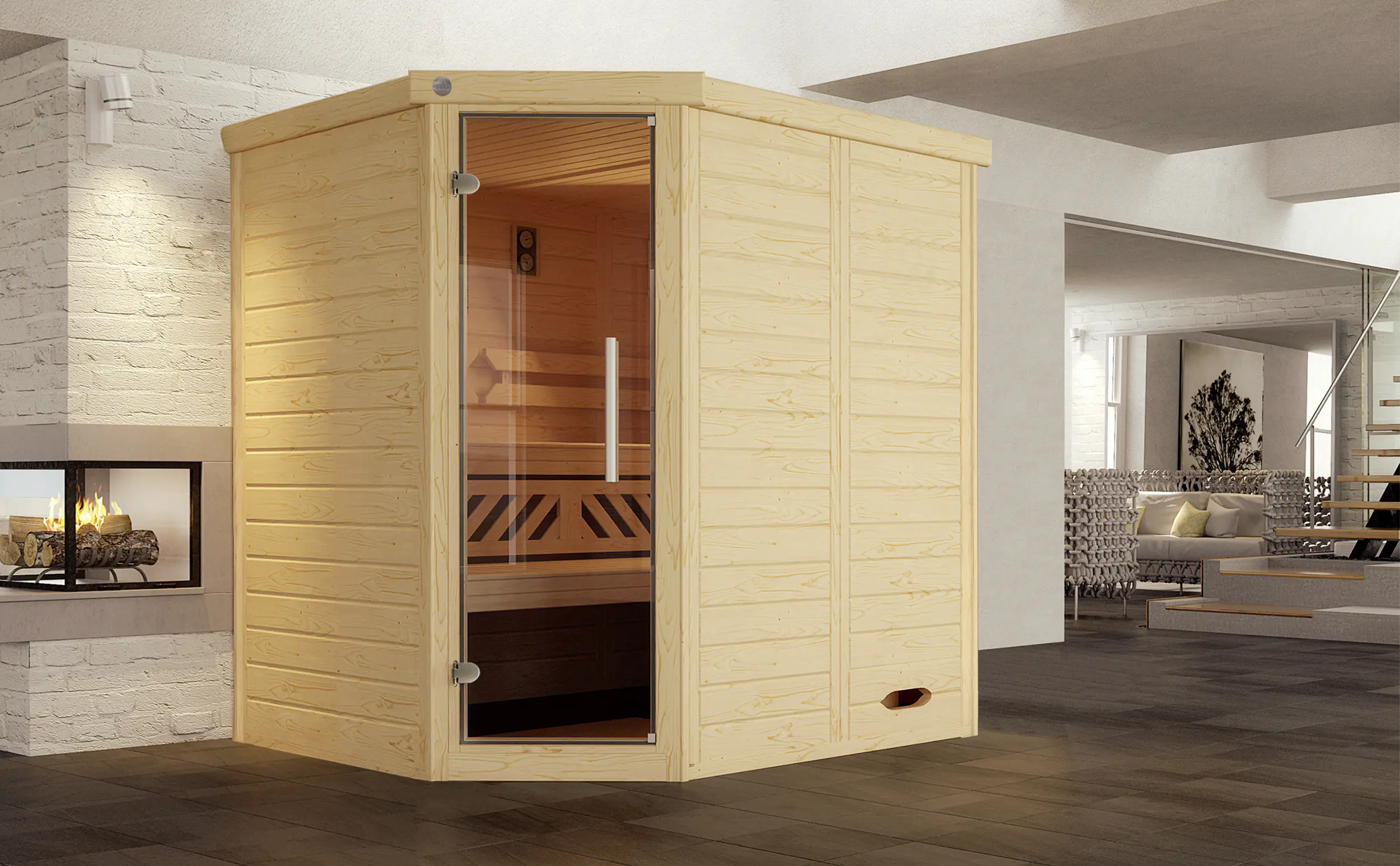 Weka Massivholz-Eck-Sauna Kemi Eck mit Glastür