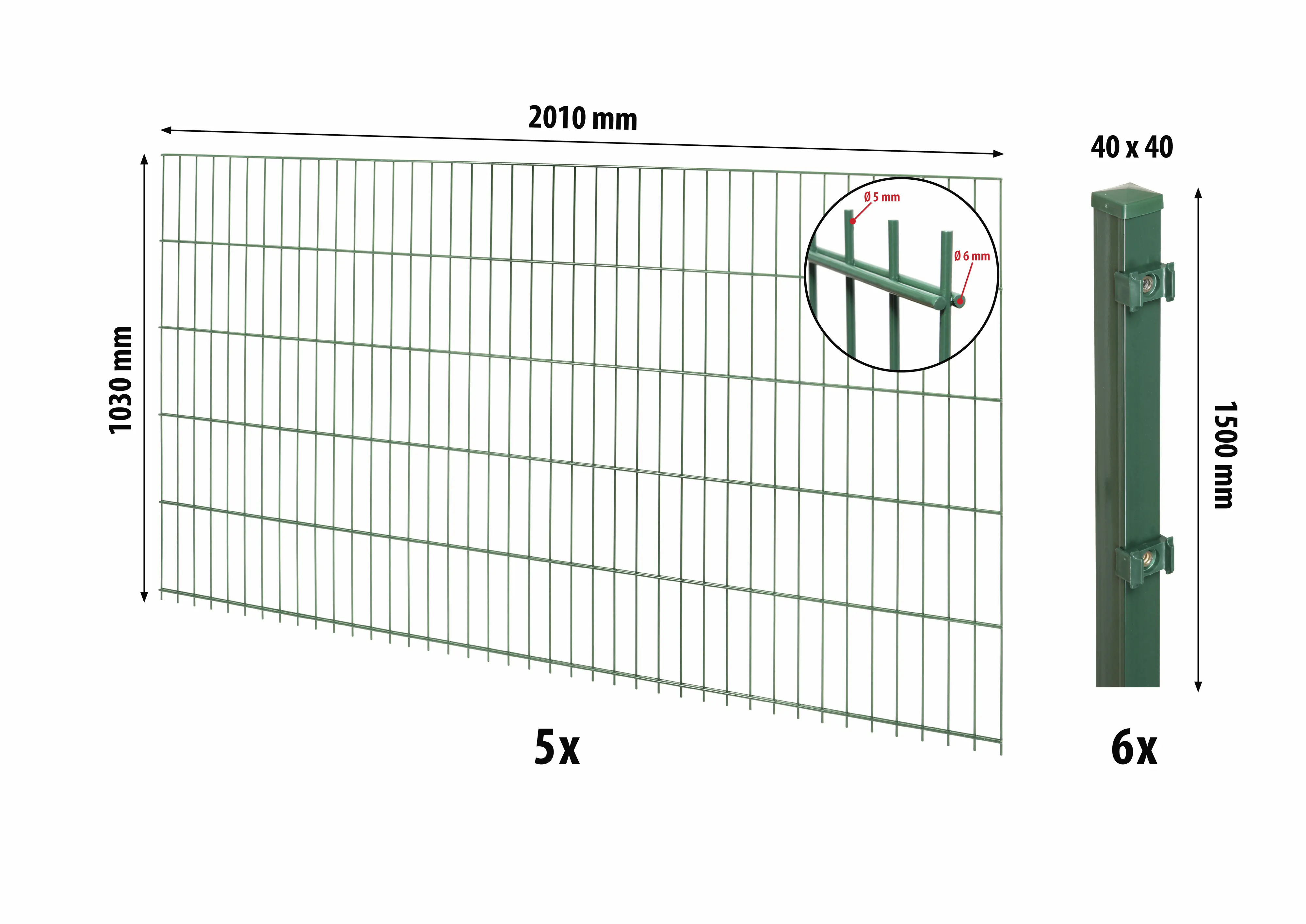 Floraworld Doppelstabmatten-Zaun Set Comfort 10 m 201 x 103 cm inkl. 6 Pfosten 150 cm moosgrün