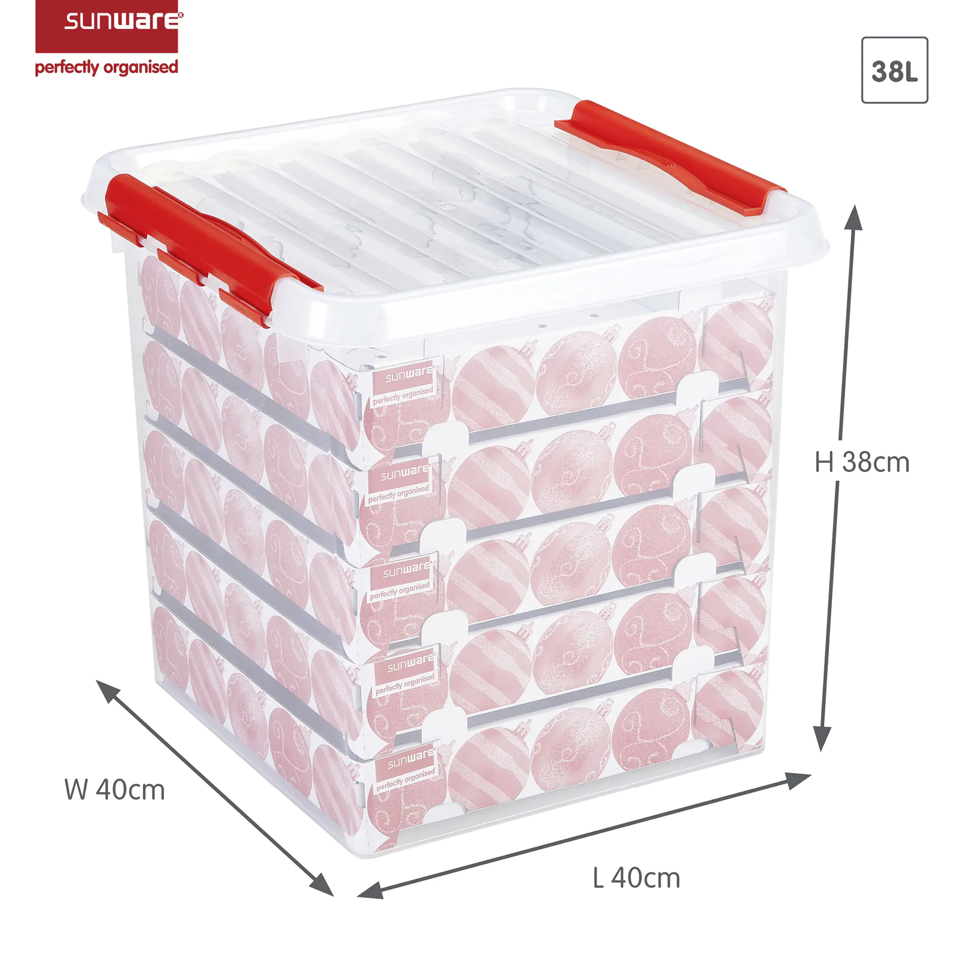 Sunware Weihnachtsbox Q-line 38L mit Einsatz für 125 Kugeln transparent rot