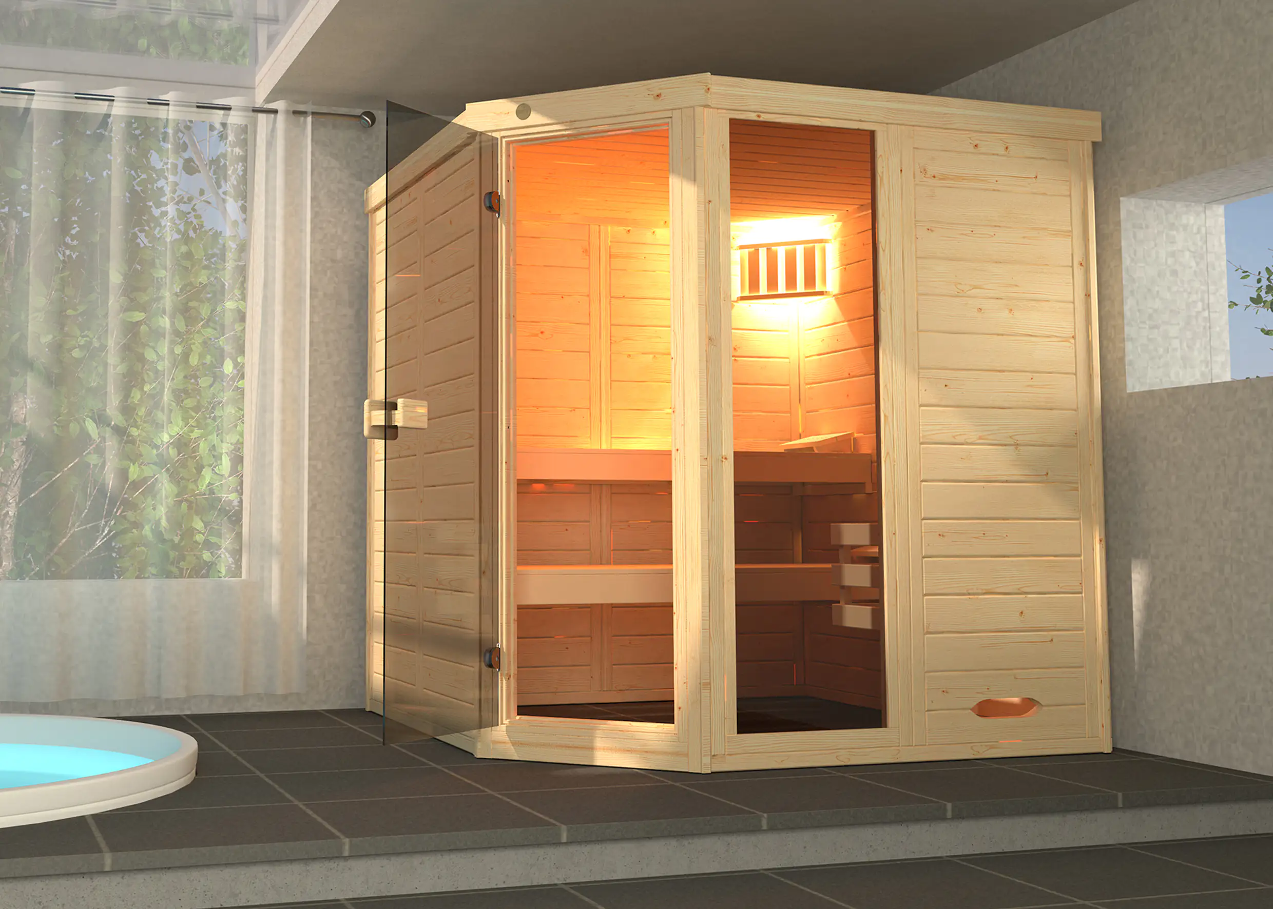 Weka Massivholz-Element-Sauna Laukkala 2 mit Glastür und Fenster