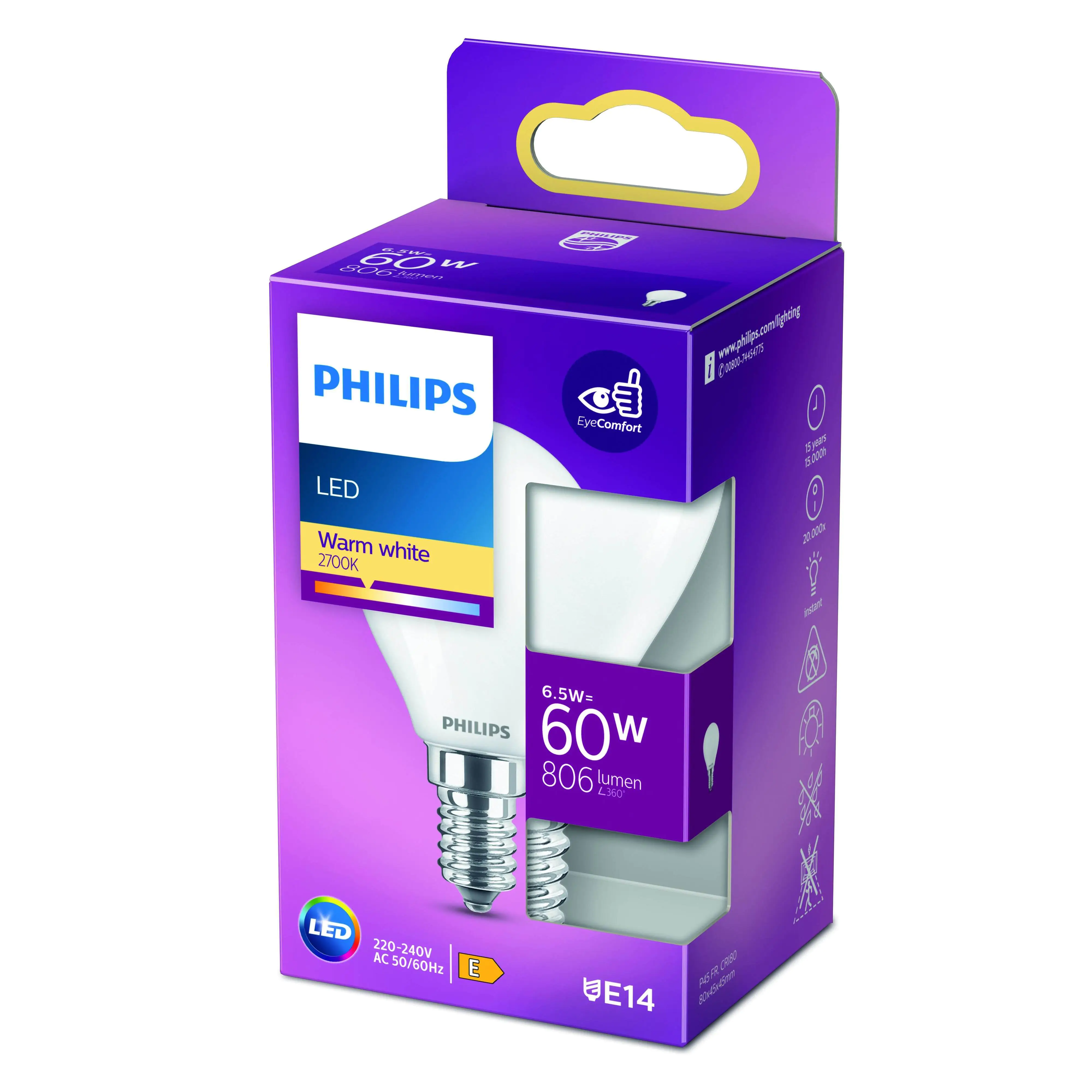 Philips LED-Leuchtmittel Filament Tropfenform P45 E14 6,5W warmweiß matt