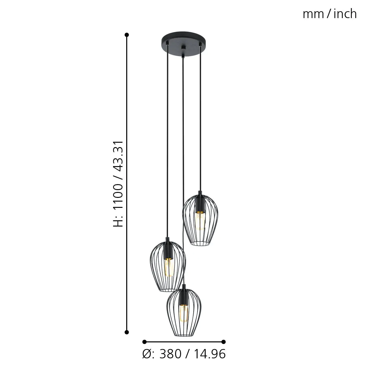 Eglo 3er Pendelleuchte Newtown schwarz Ø 38 cm E27, max. 60 W