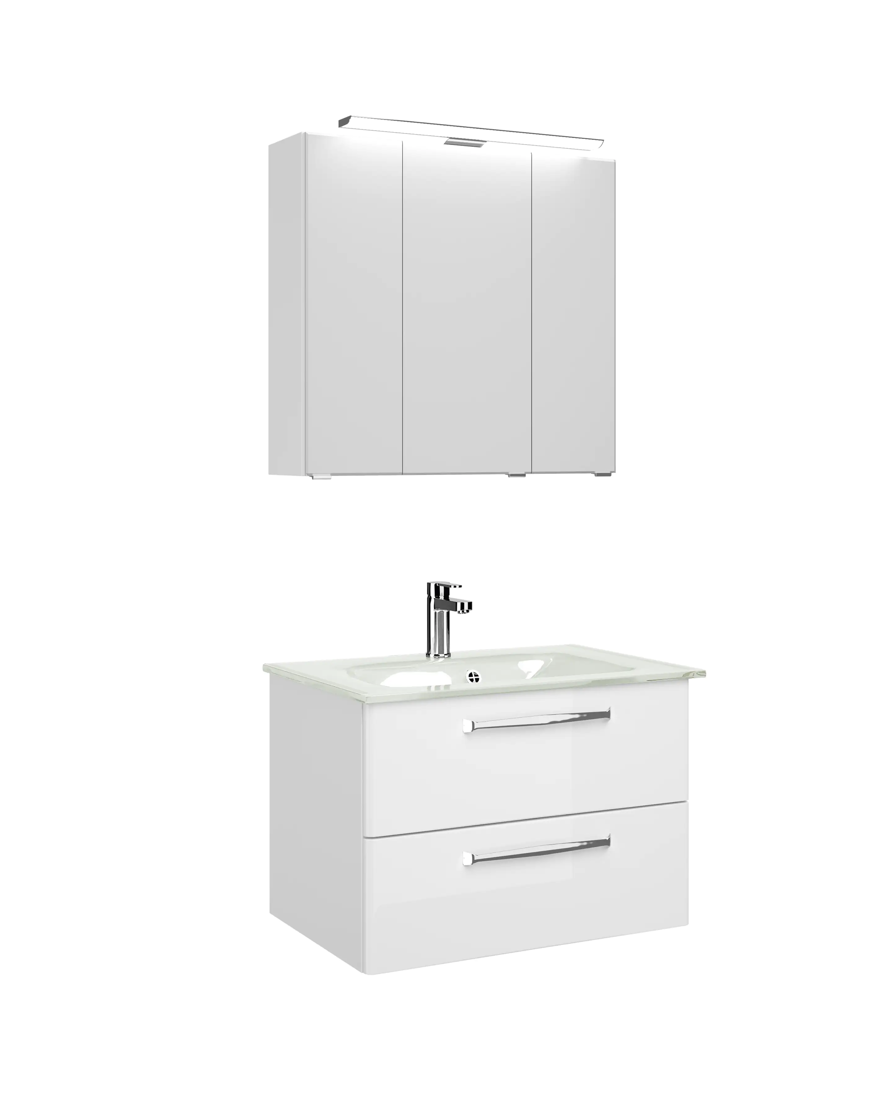 Pelipal Badmöbel-Set Trentino Weiß Hgl/Weiß Glanz mit Glas-Waschtisch + LED-Aufsatzleuchte 77 cm