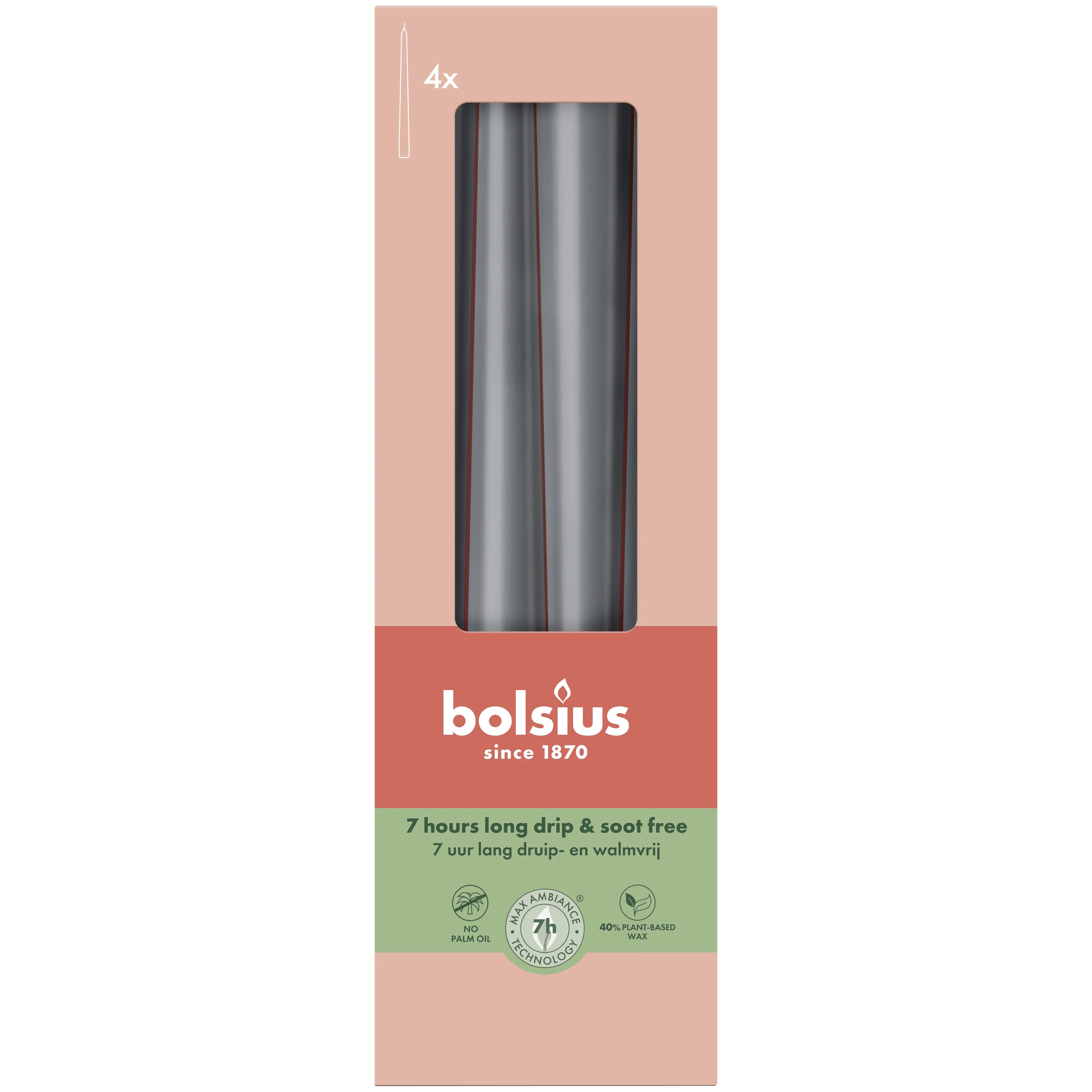 Bolsius Spitzkerzen grau 24,5 cm Ø 2,4 cm 4 Stück