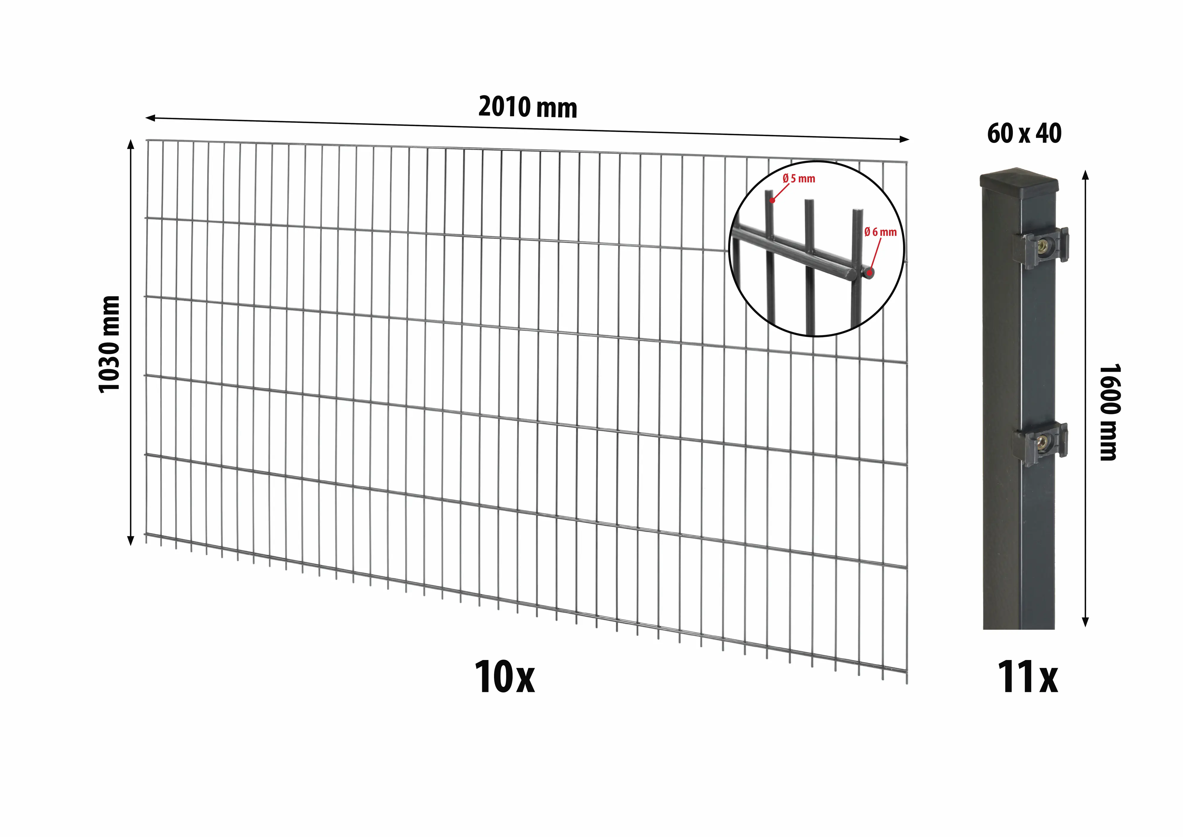 Floraworld Doppelstabmatten-Zaun Set Comfort 20 m 201 x 103 cm inkl. 11 Pfosten 160 cm anthrazit