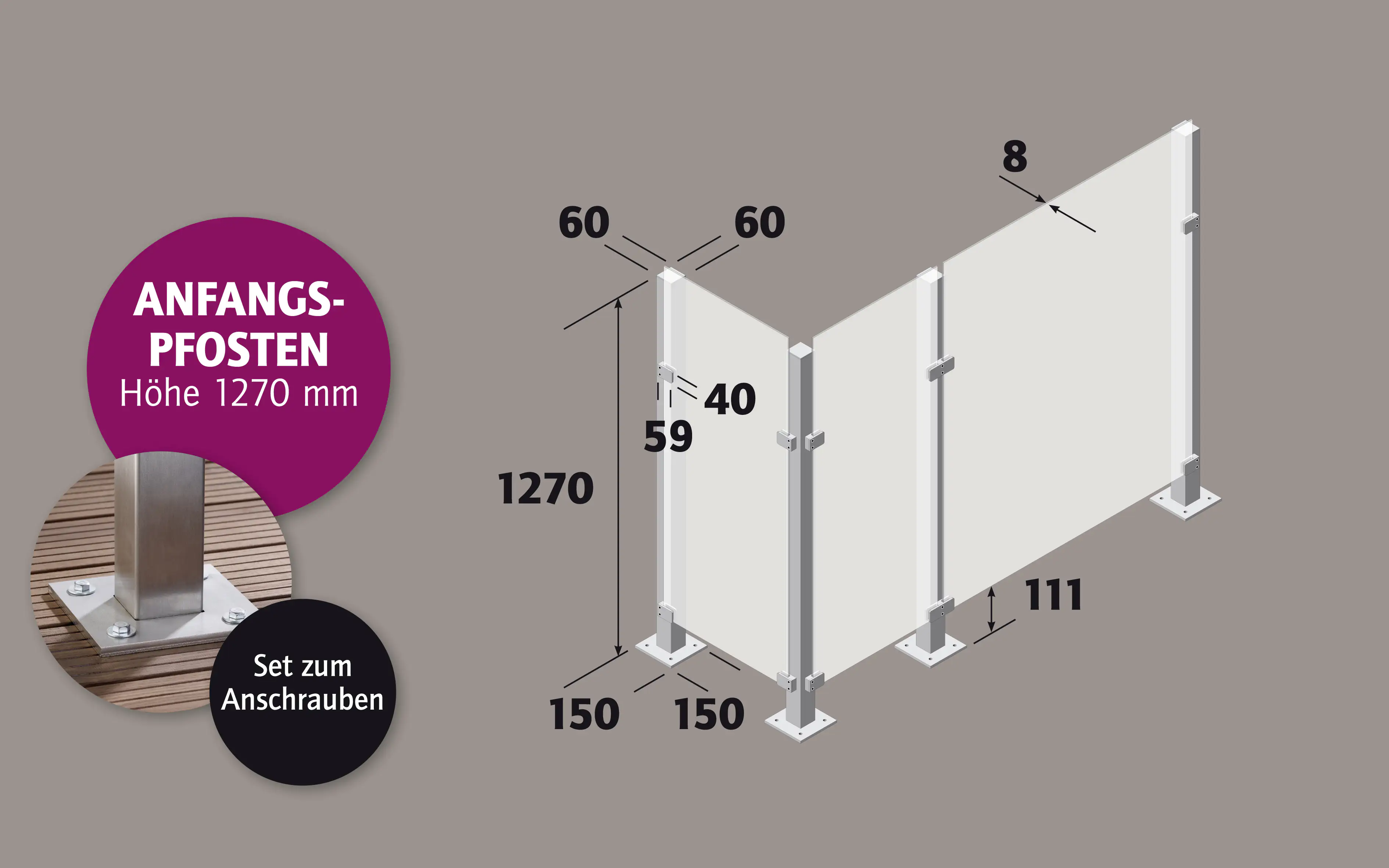 Ambiente Anfangspfosten-Set zum ANSCHRAUBEN 127 cm 6 x 6 cm Edelstahl V2A