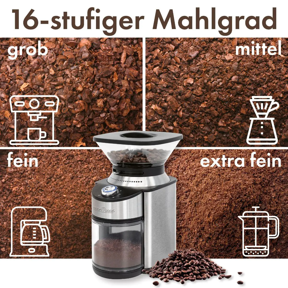 Proficook elektrische Kaffeemühle PC-EKM 1205 Edelstahlmahlwerk, 200 Watt