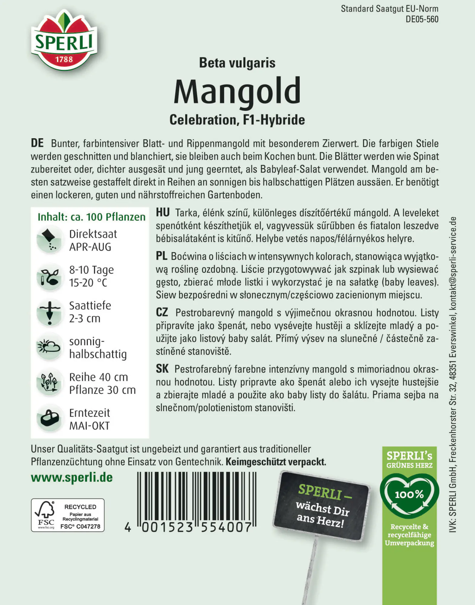 Sperli Saatgut Mangold Celebration F1 für ca. 100 Pflanzen