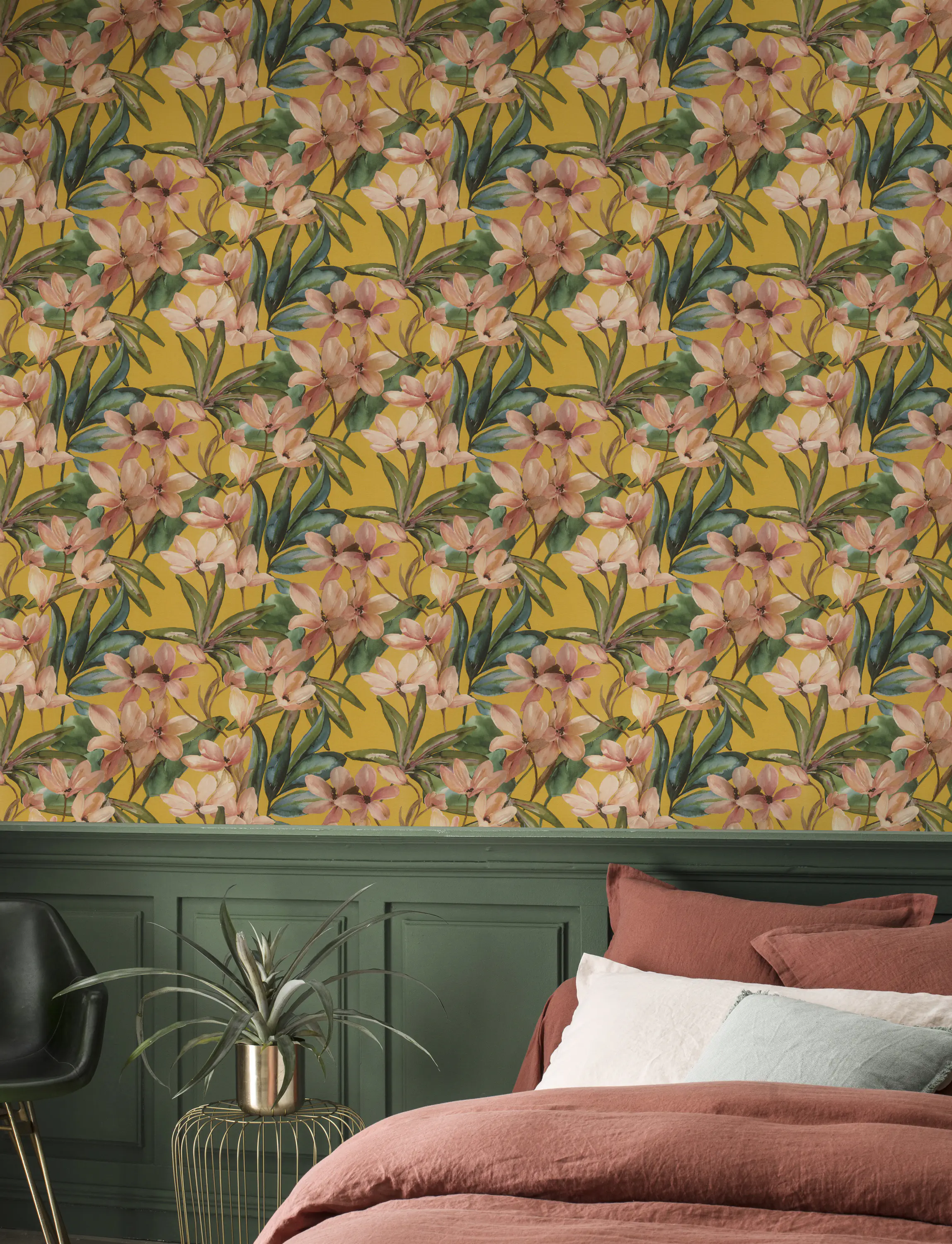 Tesa x Rasch selbstklebende Vliestapete Magnolia Blüten currygelb rosa 6 x 0,53 m
