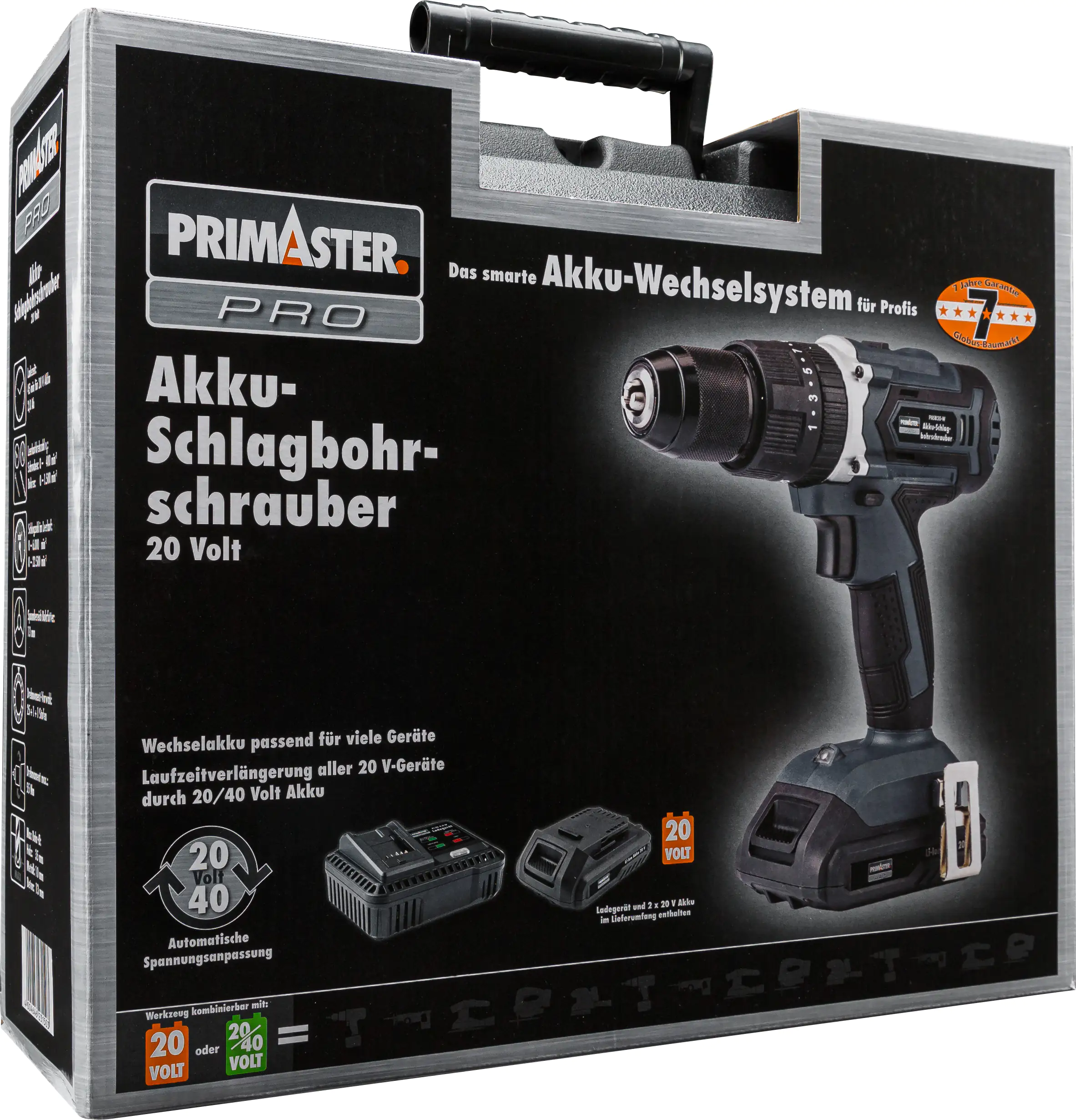 Primaster Pro Akku-Schlagbohrschrauber PAS20-S 20 V mit 2 Akkus und Ladegerät