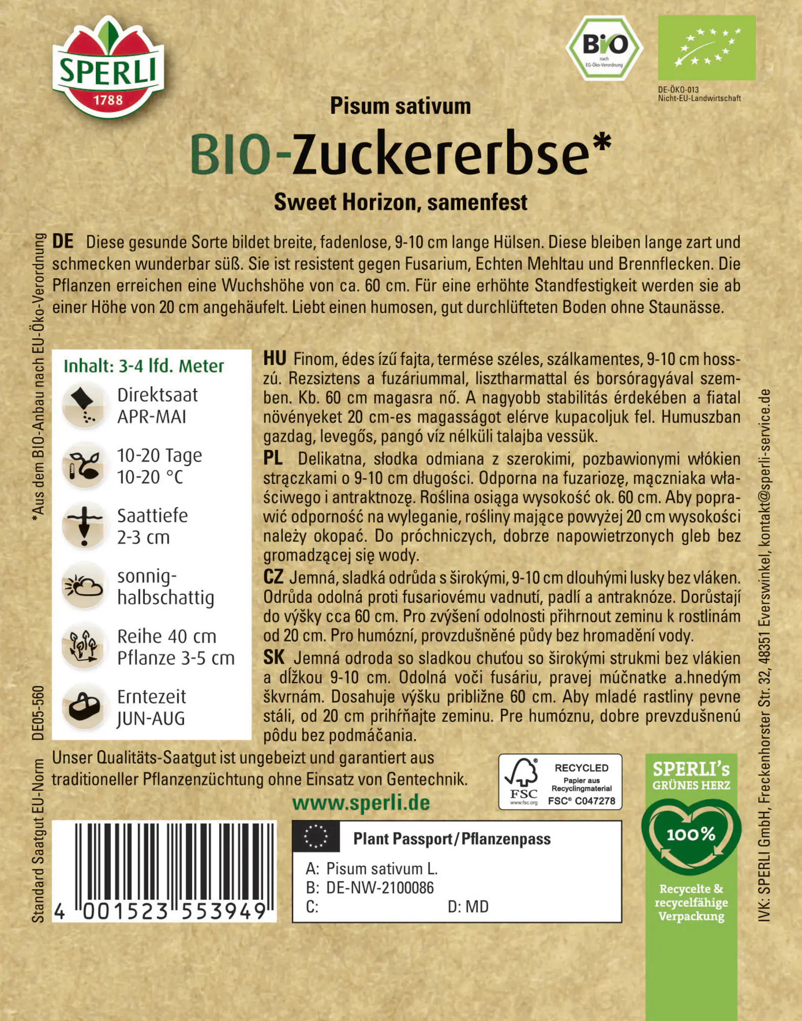 Sperli Saatgut BIO Zuckererbsen für bis zu 3-4 lfd. Meter