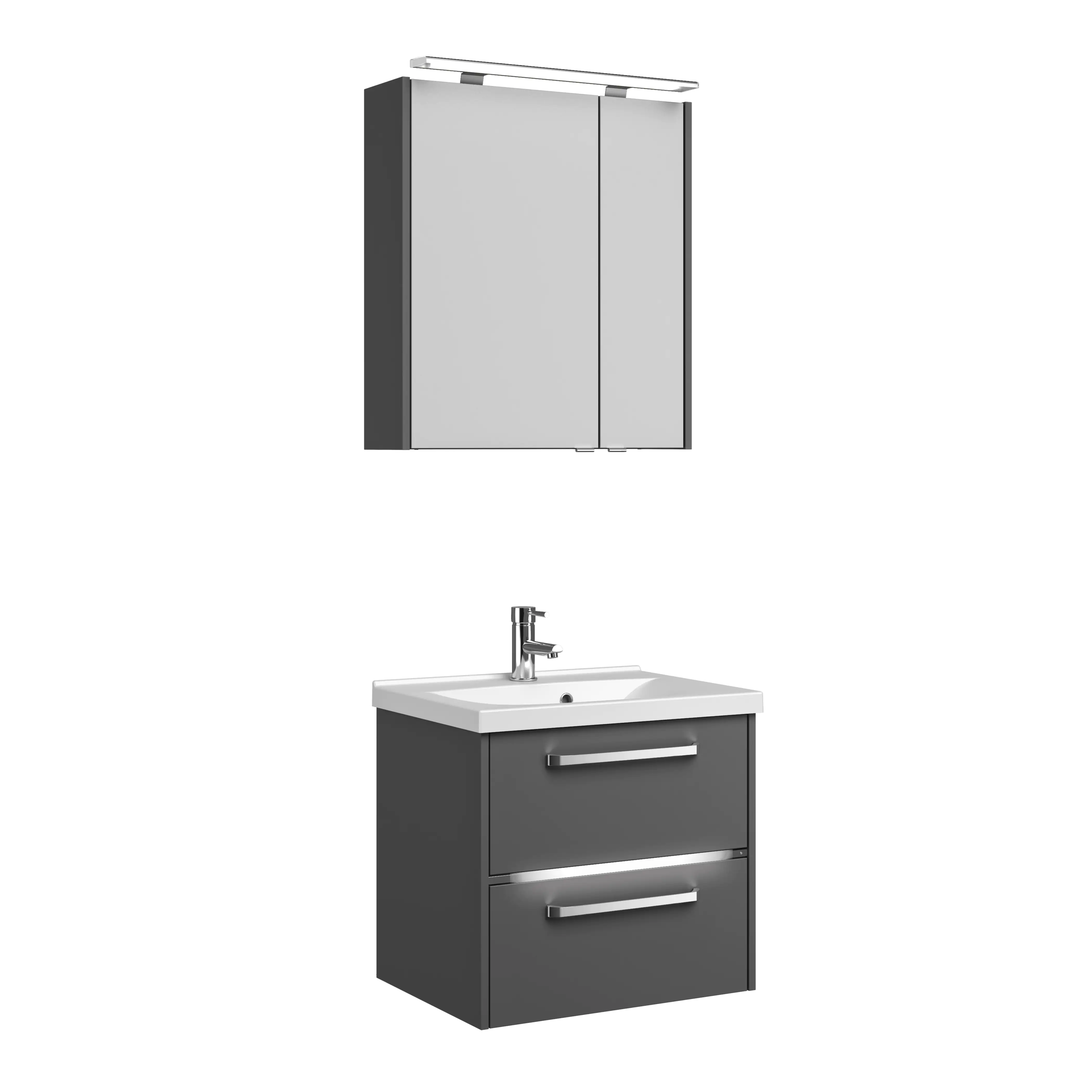 Primaster Badmöbel-Set Berlin grau 65 cm LED-Leuchten, Mineralgusswaschtisch