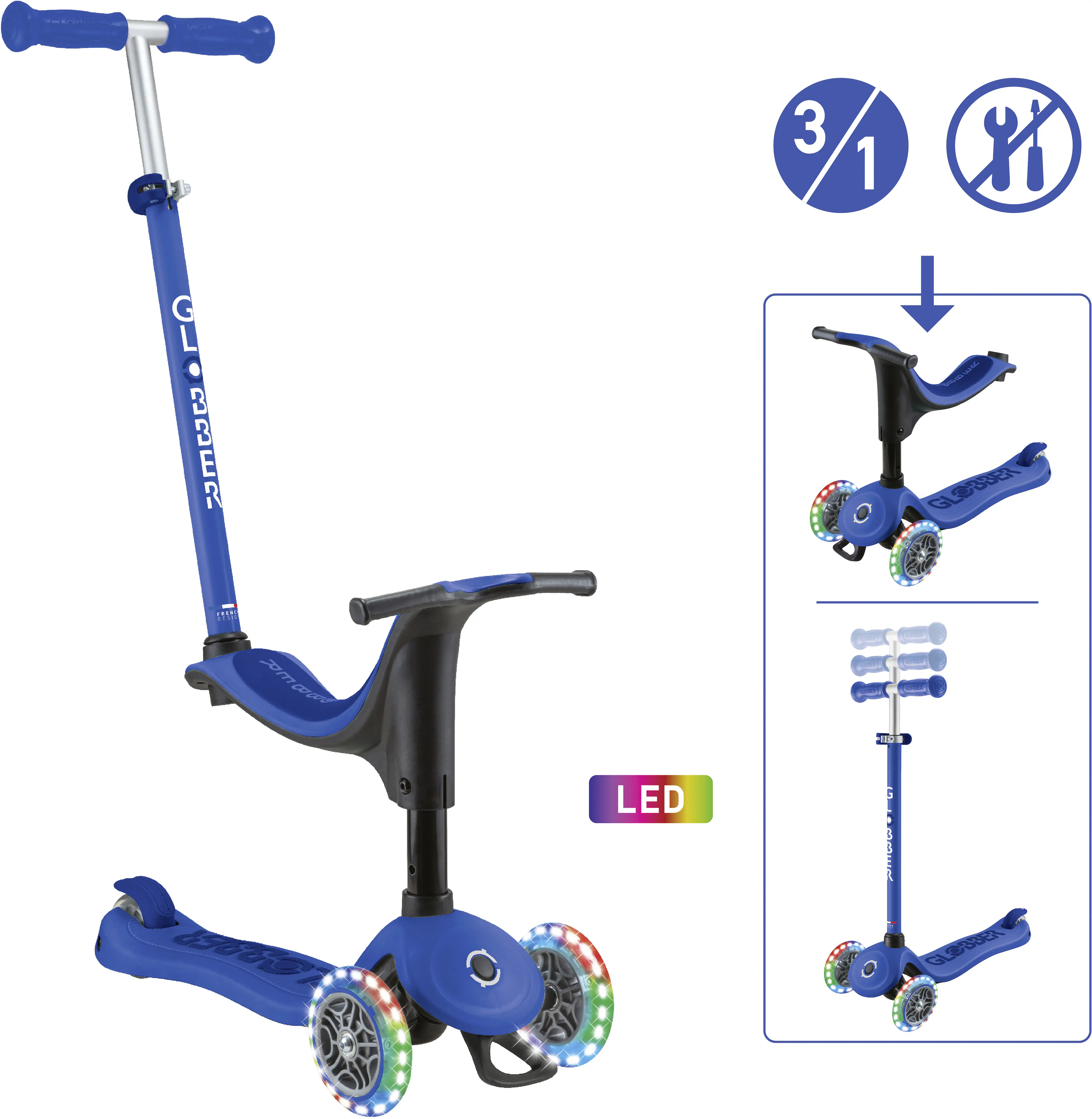 Globber Scooter 3in1 Junior Go-Up Sporty Lights dunkelblau mit Leuchtrollen