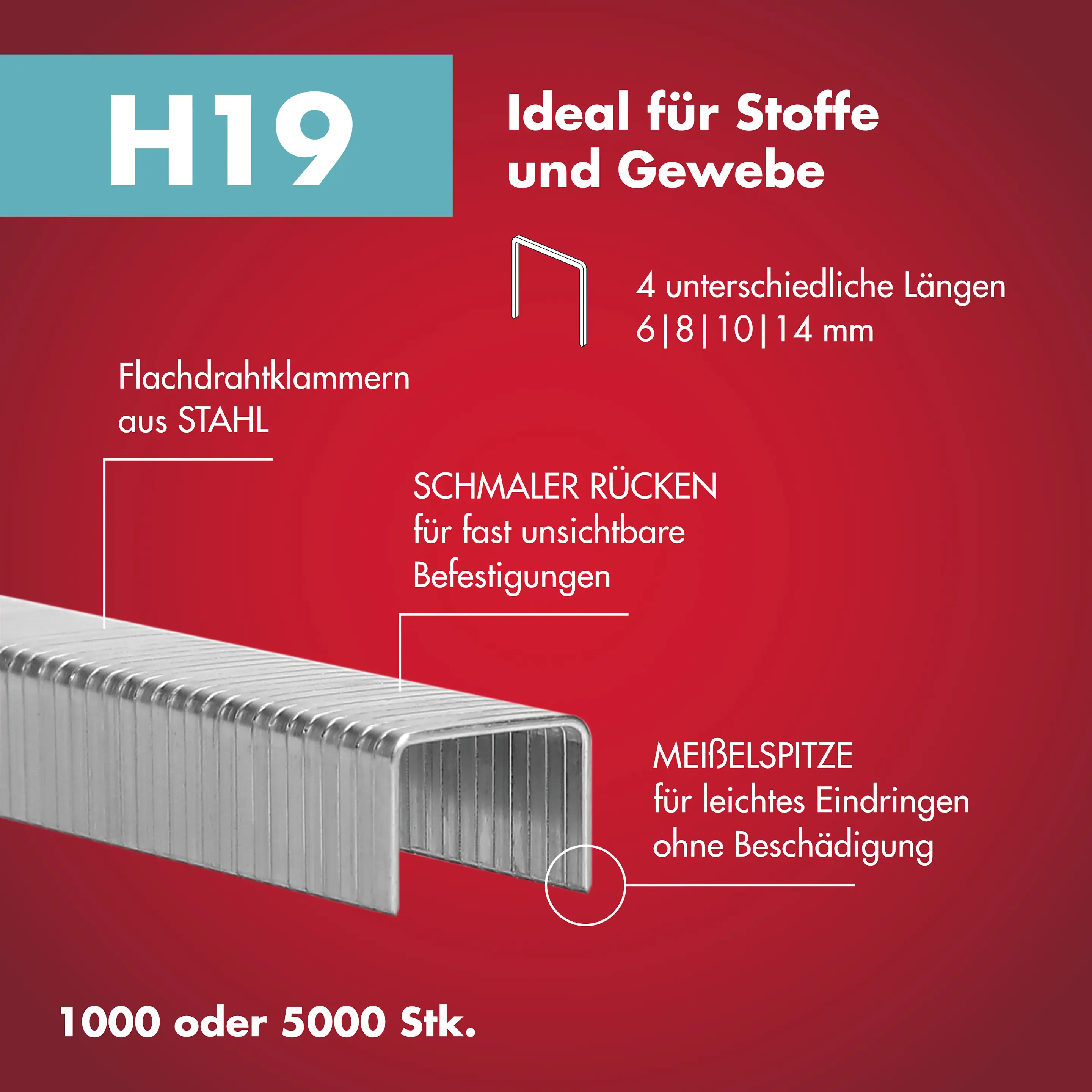 Arrow Tackerklammer Feindraht H19 14 mm Stoff & Gewebe 1000 Stück