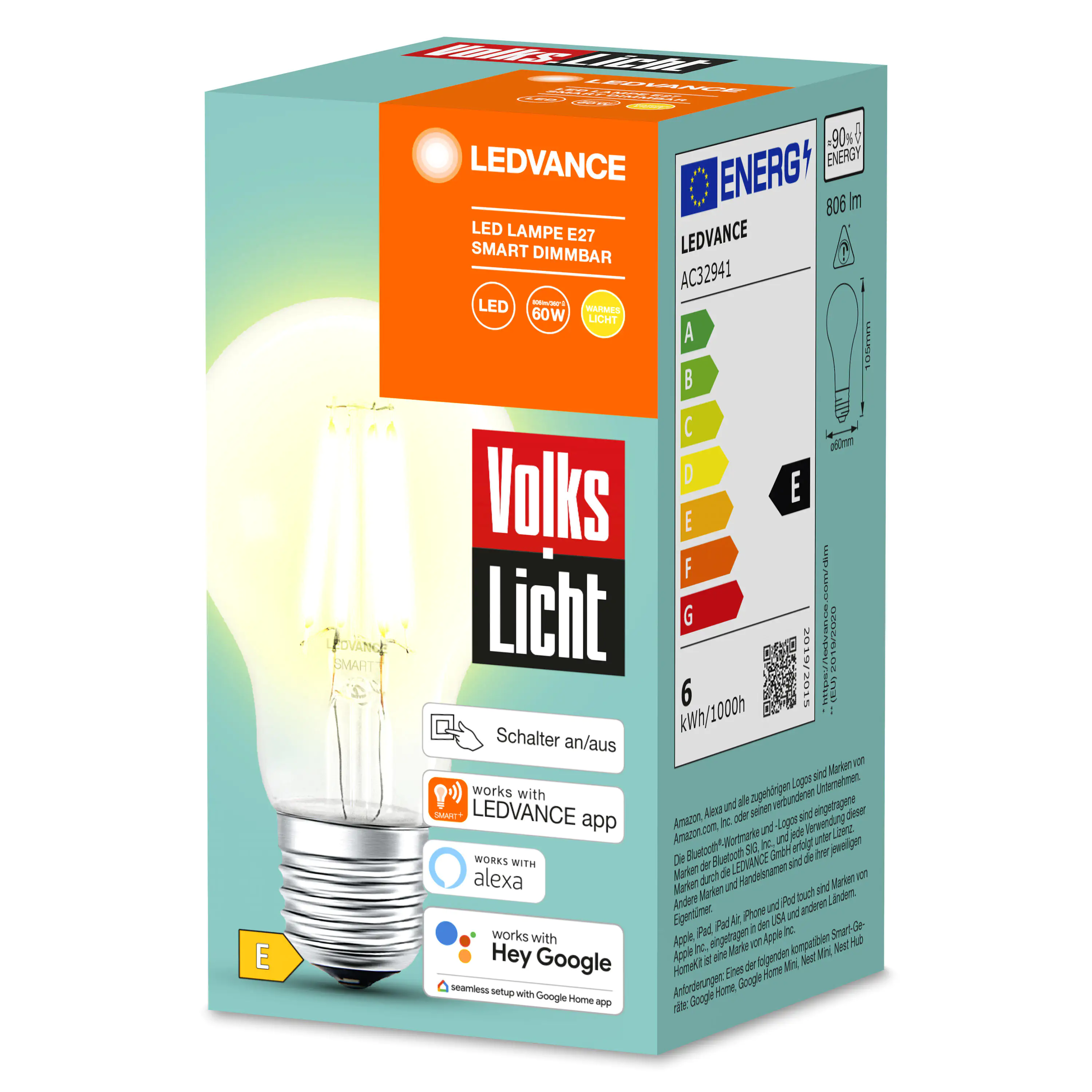 Ledvance Smart+ LED Leuchtmittel E27 Filament 6 W