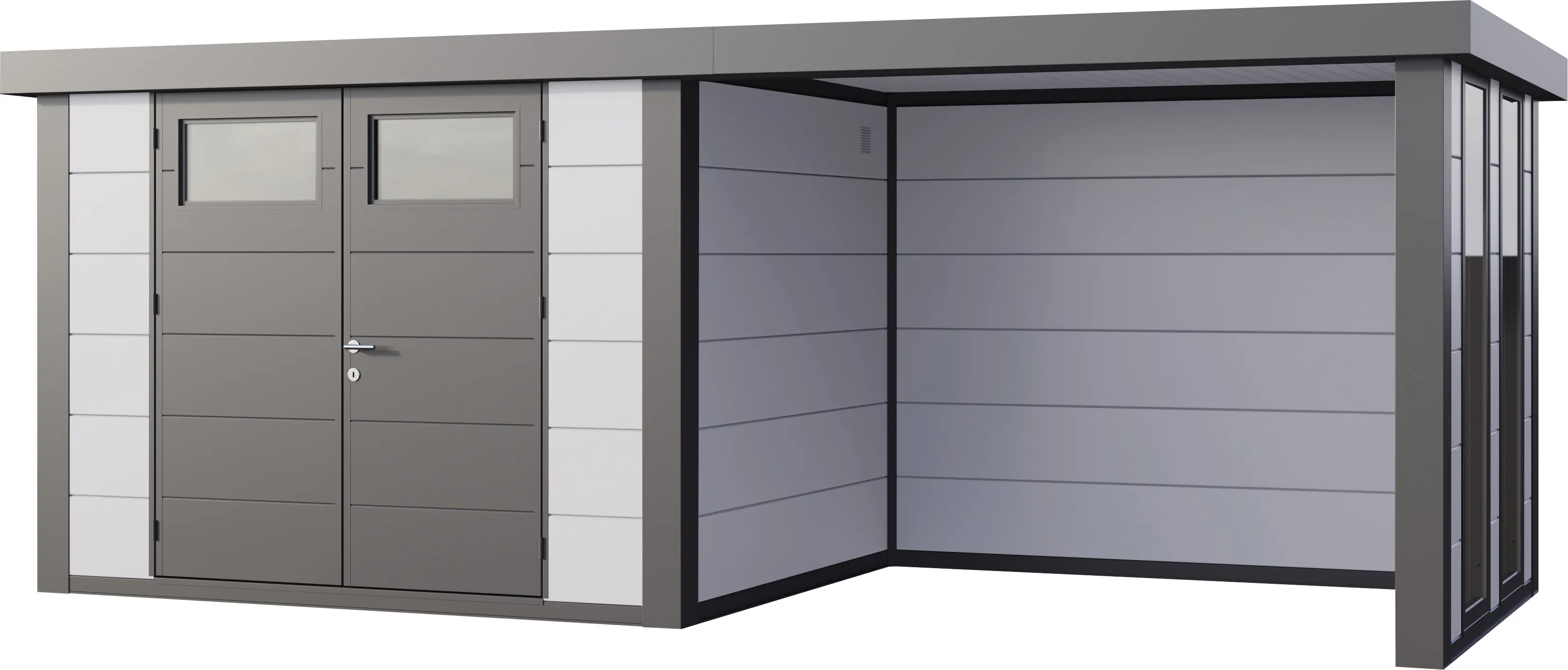 Telluria Gerätehaus Classico Lounge S mit Fenstern 3024 rechts weiß 582 x 238 cm