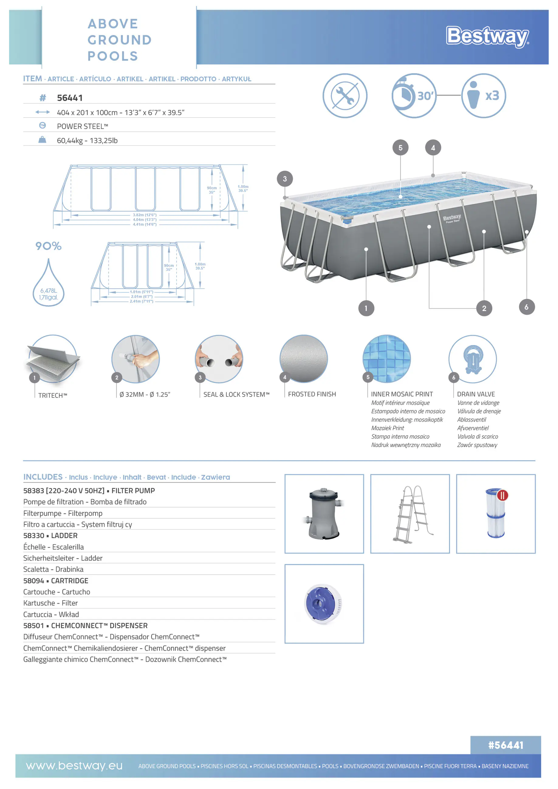 Bestway Power Steel Frame Pool Set mit Filterpumpe 404 x 201 x 100 cm, grau, eckig