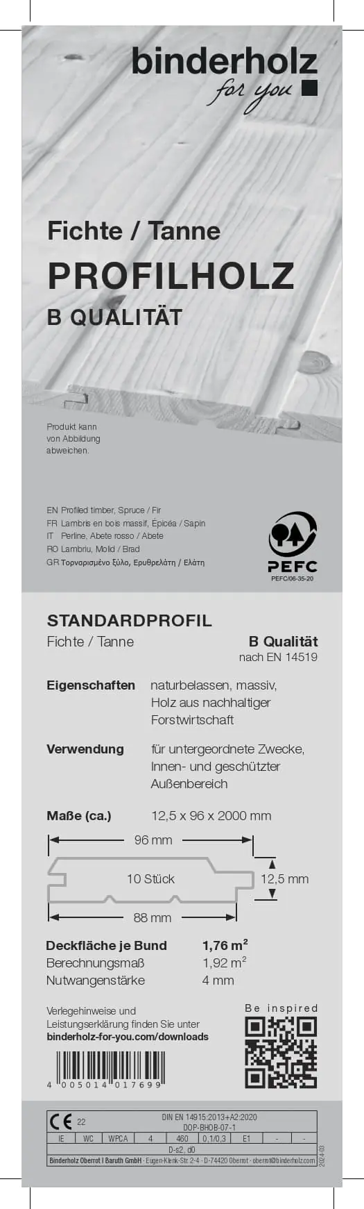 Profilholz Fichte Tanne B-Sortierung Schrägprofil 200 x 9,6 cm 12,5 mm