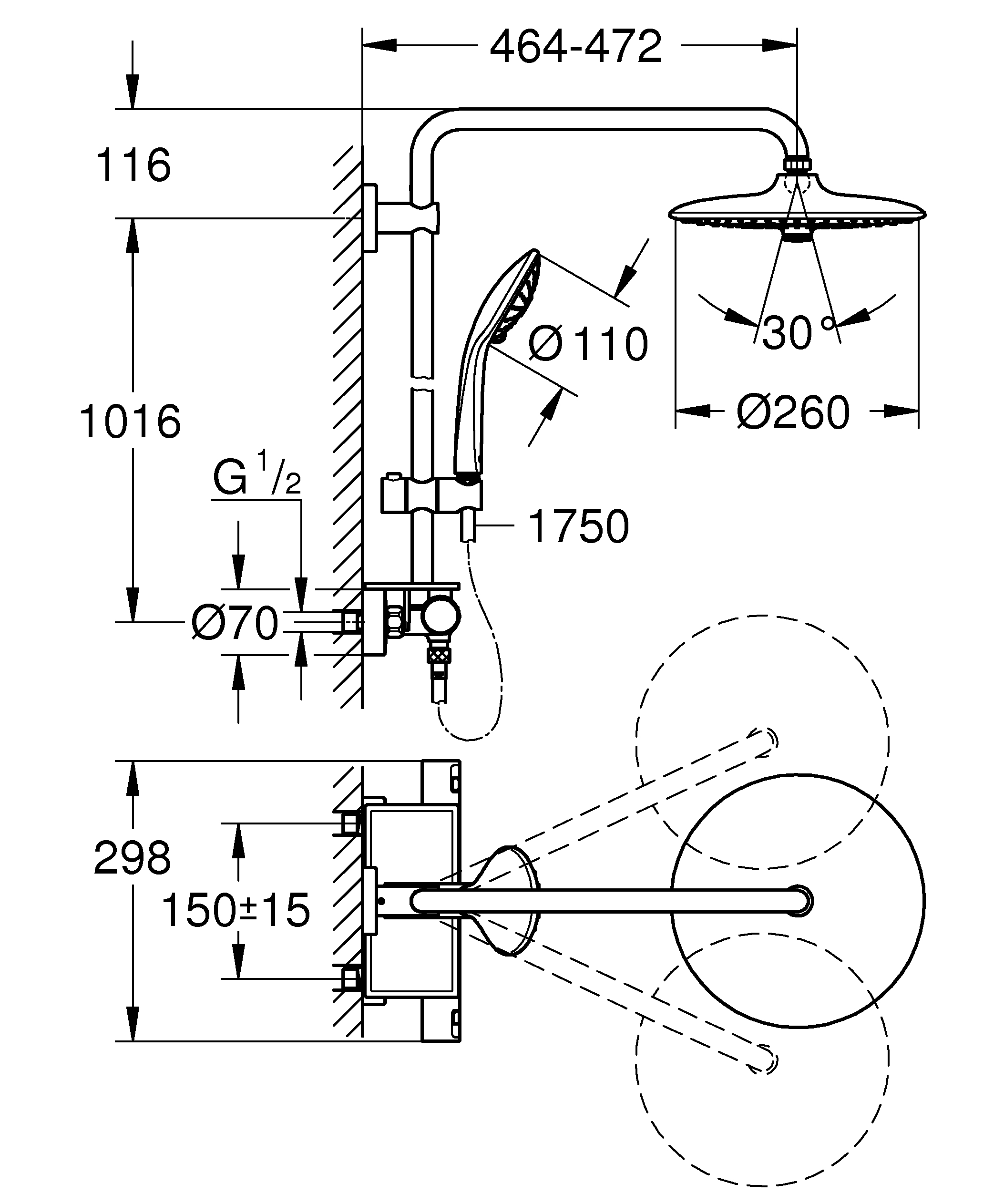 Grohe Kopfbrausesystem Vitalio Joy 260 verchromt, Aufputz-Thermostat mit Aquadimmer Funktion