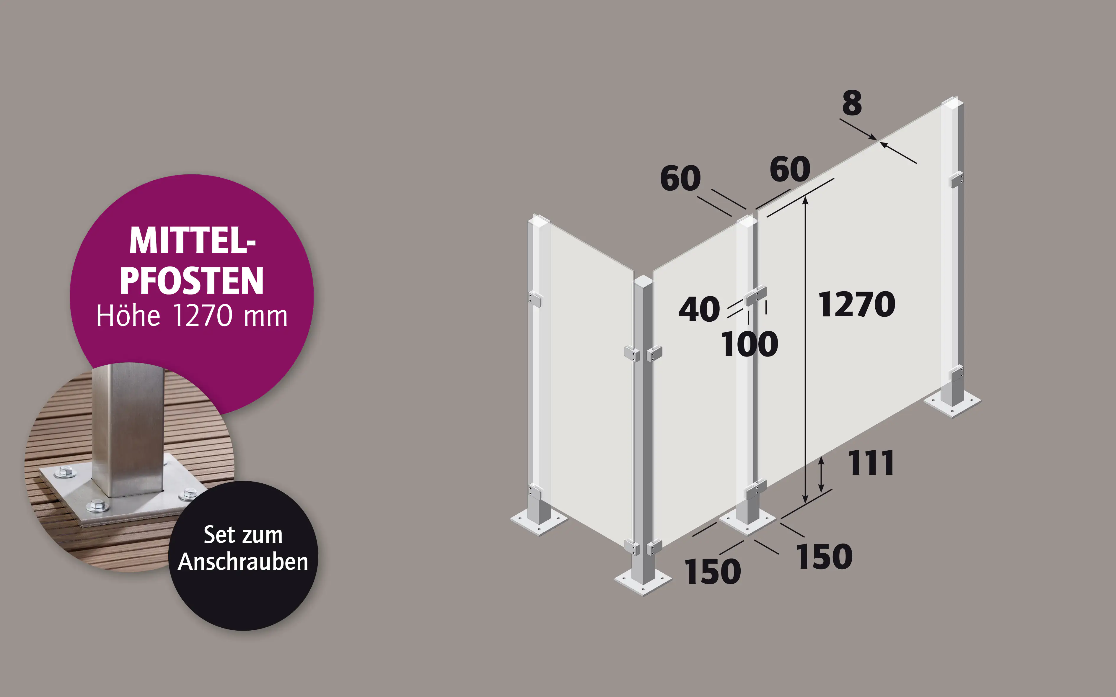Ambiente Mittelpfosten-Set zum ANSCHRAUBEN 127 cm 6 x 6 cm Edelstahl V2A
