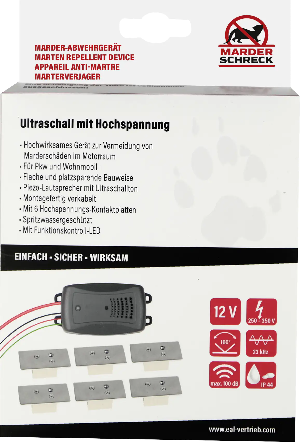 LAS Marder-Abwehrgerät mit Ultraschall 95dB 12V DC Hochspannung