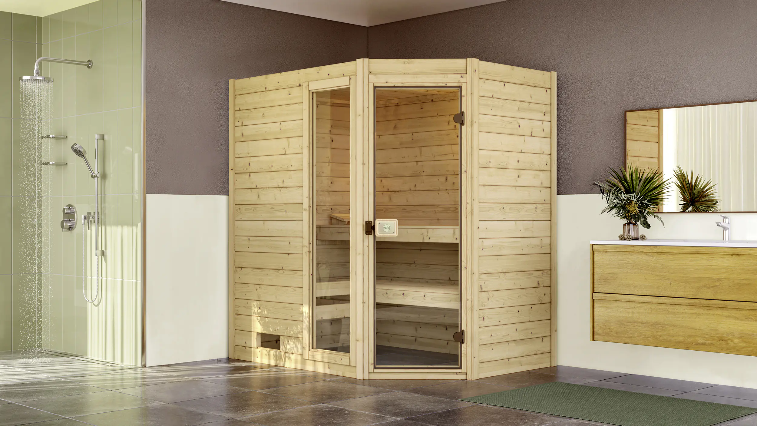 Weka Massivholzsauna Valida Eck 1 mit Glastür und Fenster