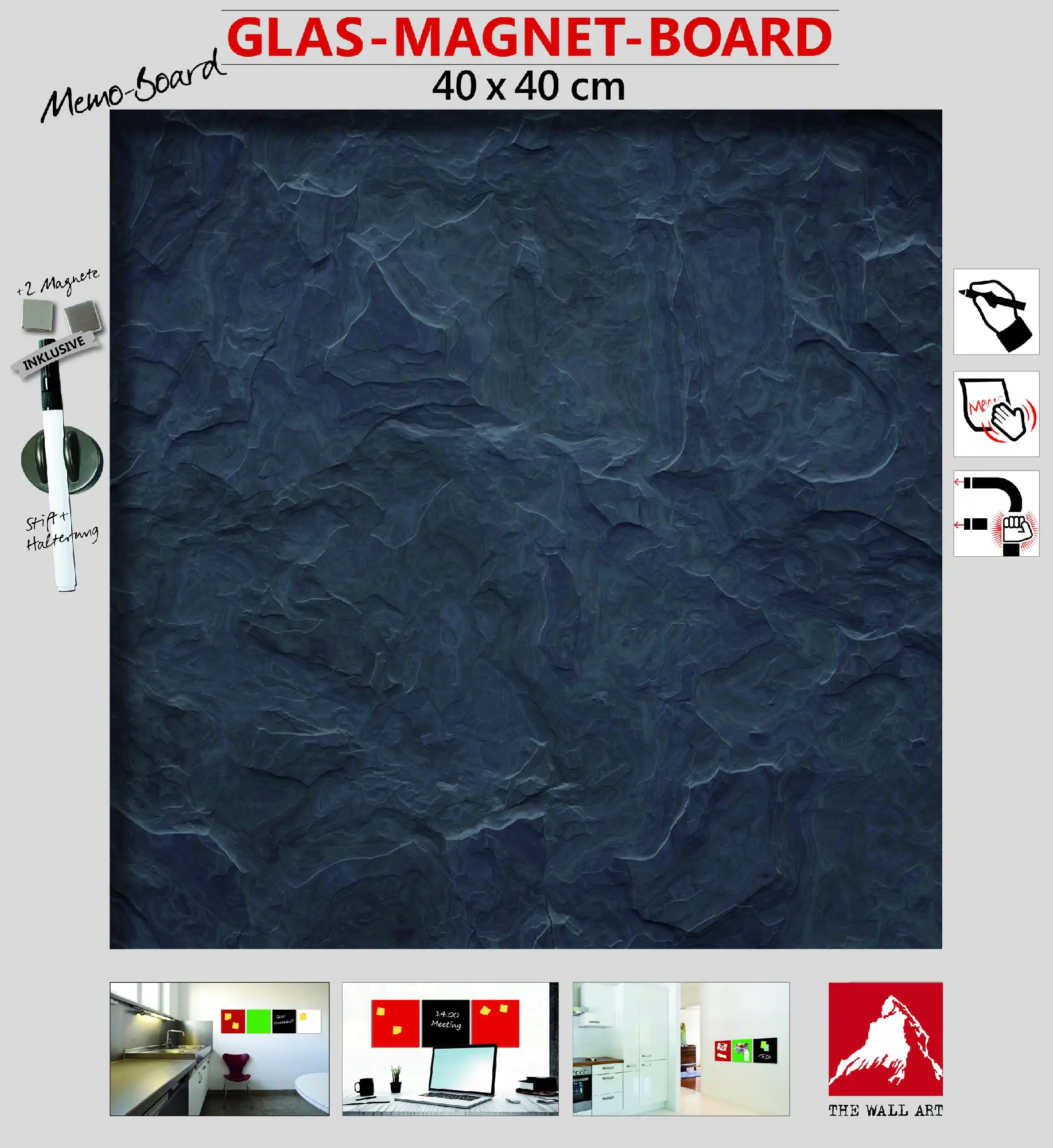 Glas-Magnetboard schiefer, 40 x 40 cm
