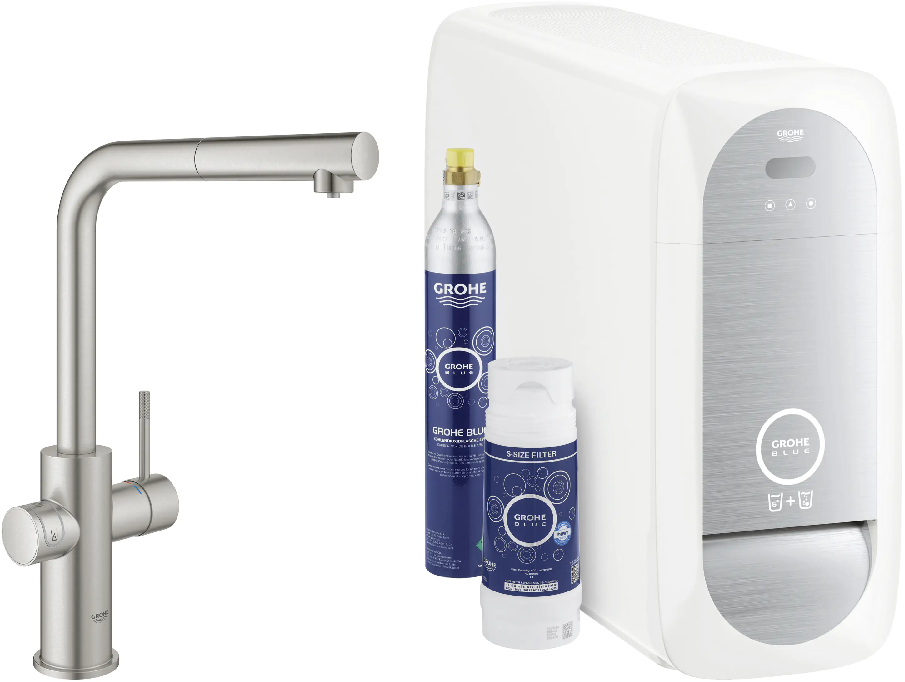 Grohe Blue Home L-Auslauf Starter Kit mit herausziehbarem Mousseurauslauf supersteel