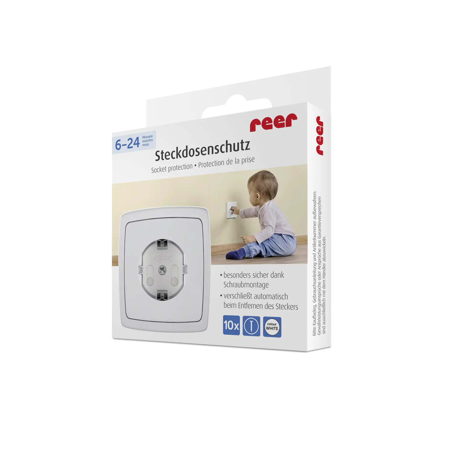 Reer Steckdosenschutz weiß, 10 Stück, Kindersicherung, schraubbar
