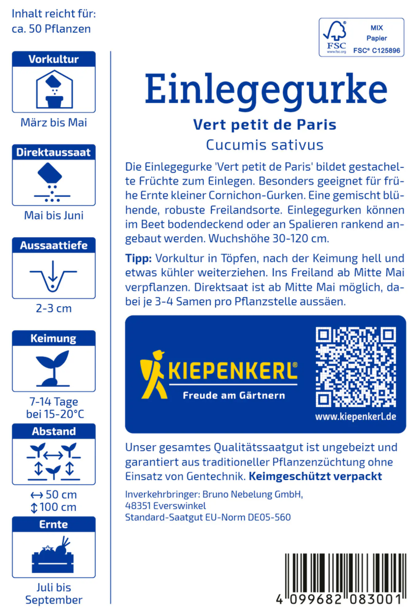 Kiepenkerl Saatgut Einlegegurken Vert petit de Paris für ca. 50 Pflanzen