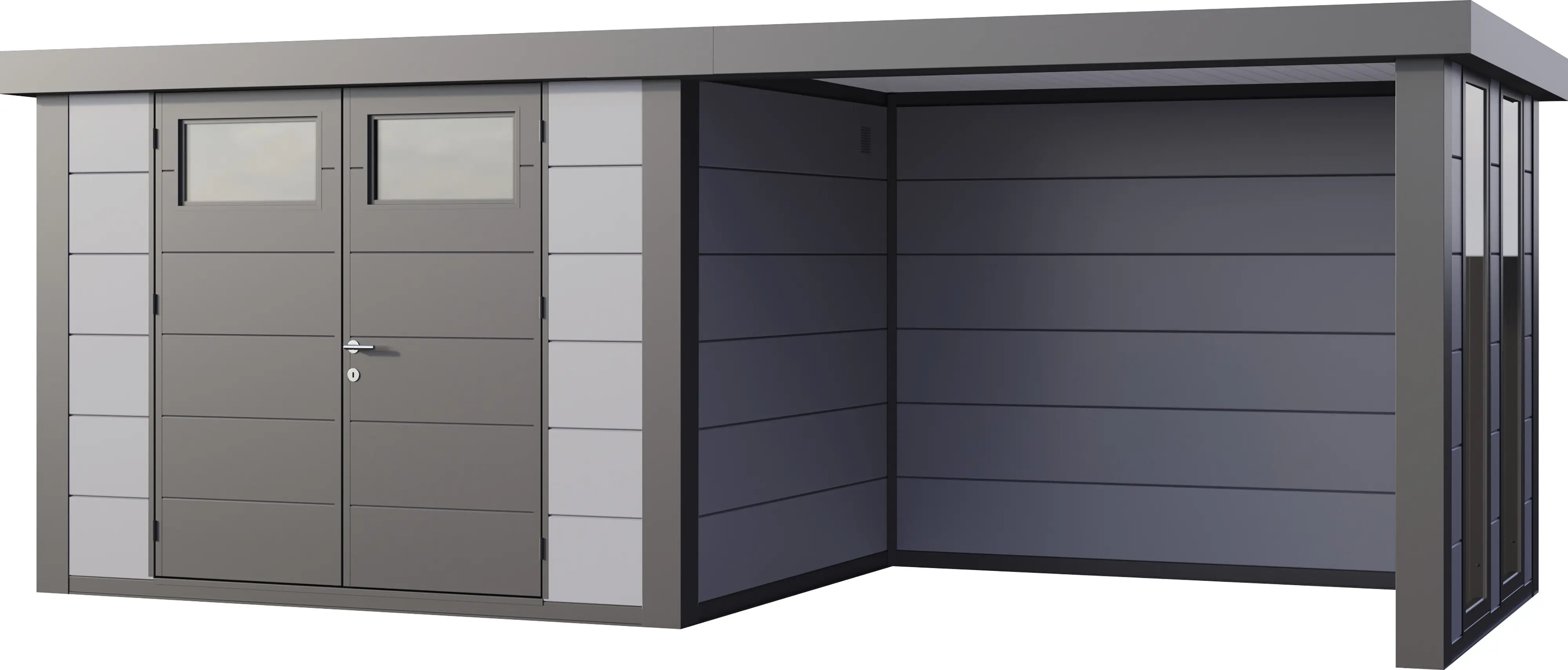 Telluria Gerätehaus Classico Lounge S mit Fenstern 3024 rechts lichtgrau 582 x 238 cm