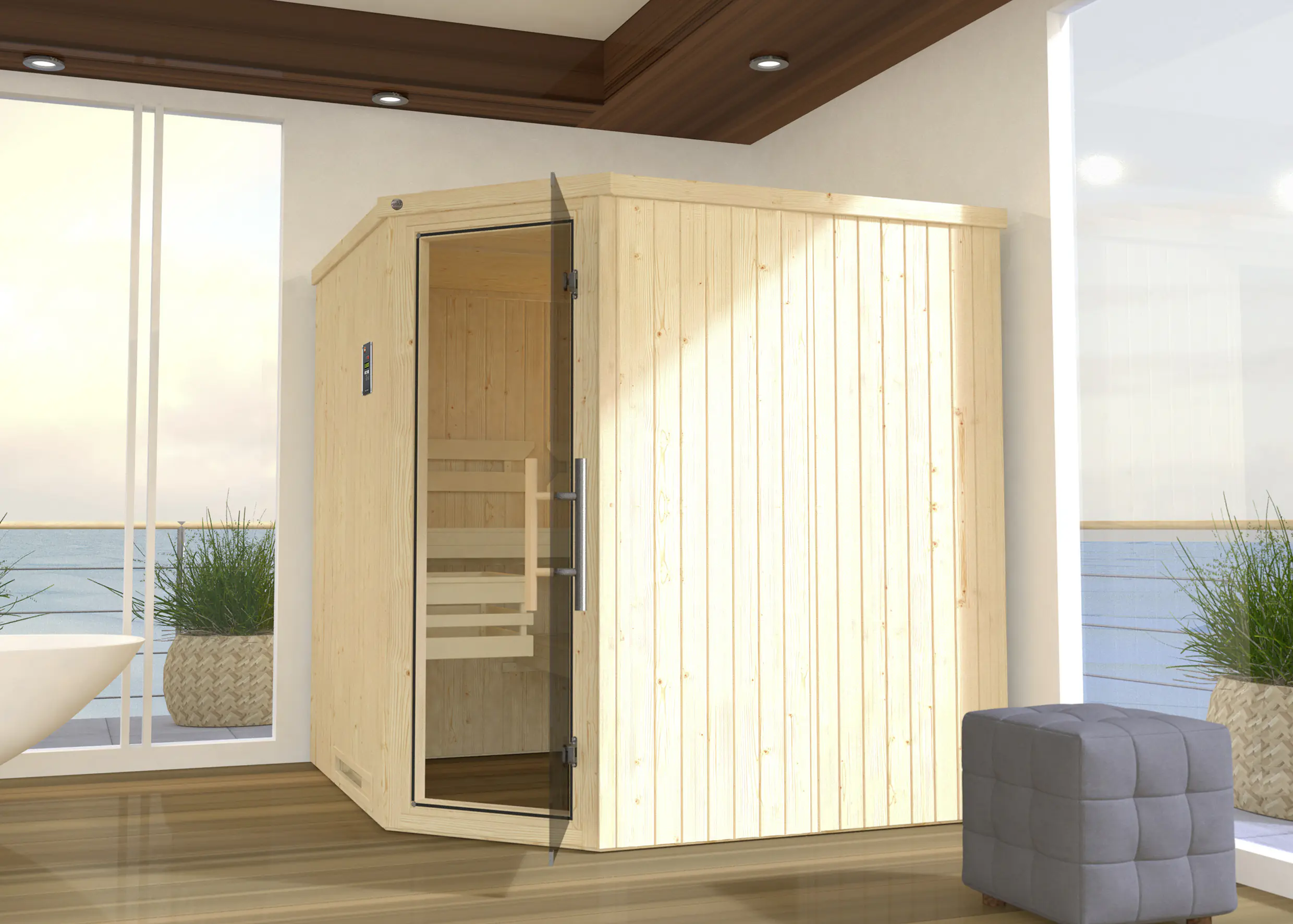 Weka Element-Ecksauna Varberg 3 GT BioS mit Glastür