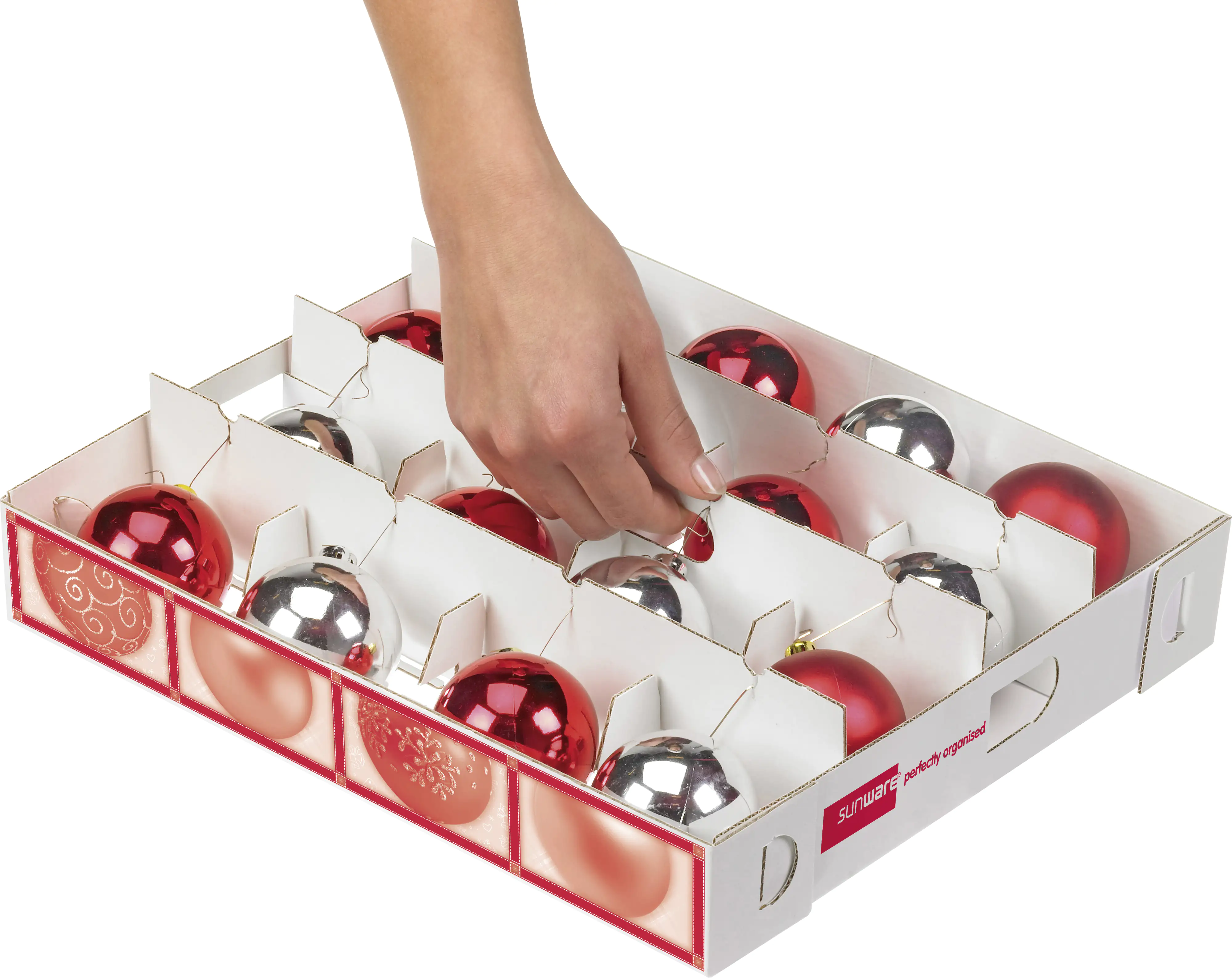 Sunware Weihnachtsbox Q-line 45L mit Einsatz für 98 Kugeln transparent rot