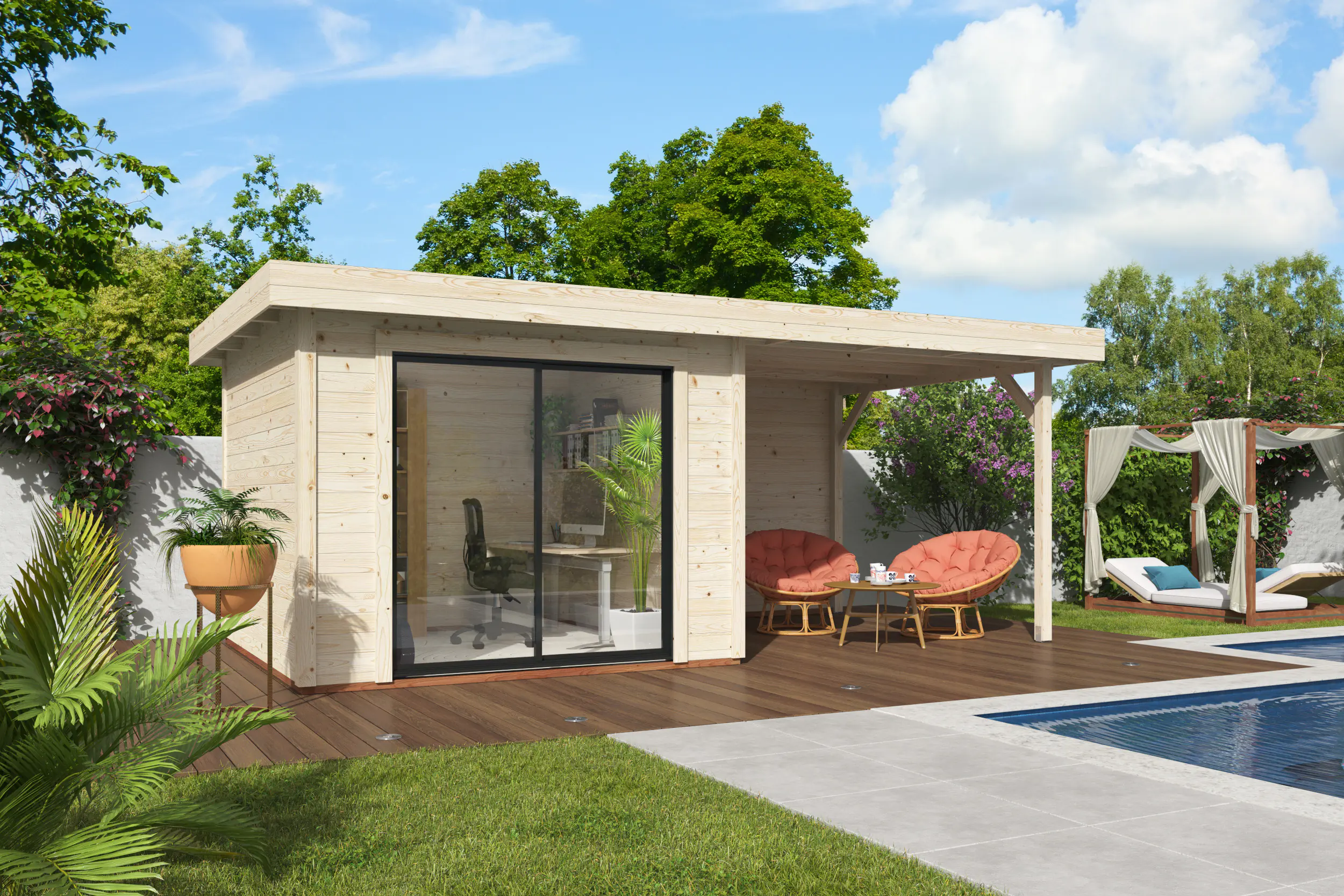 Palmako Gartenhaus Lydia 285 x 563 cm mit Schiebetüren naturbelassen