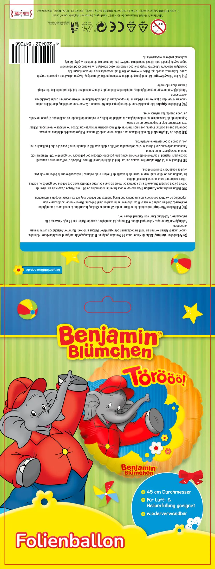 Folienballon Benjamin Blümchen Törööö Ø 45 cm
