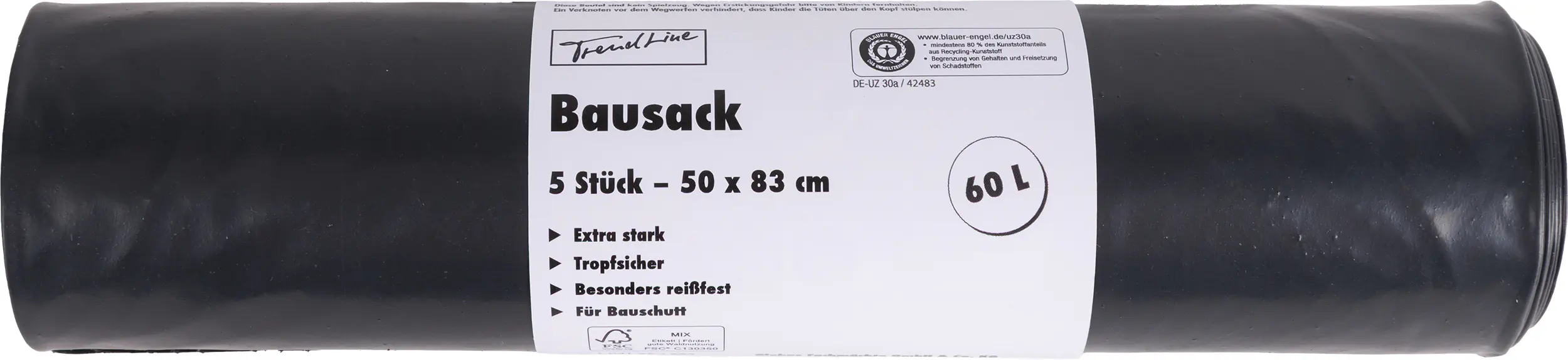 Trendline Bausack 60 L, 150 mµ, schwarz, 5 Stück