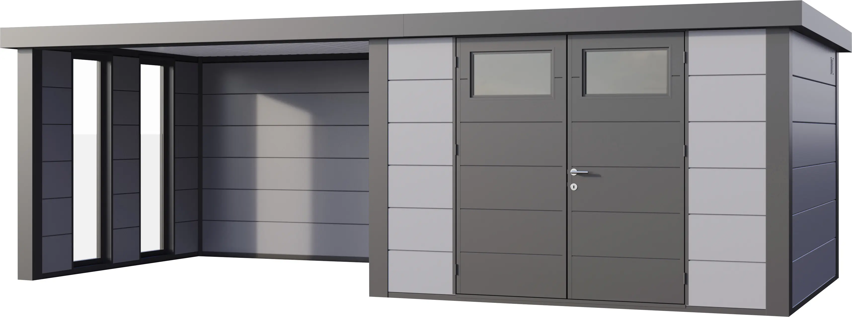Telluria Gerätehaus Classico Lounge XL mit Fenstern 3330 links hellgrau 792 x 298 cm