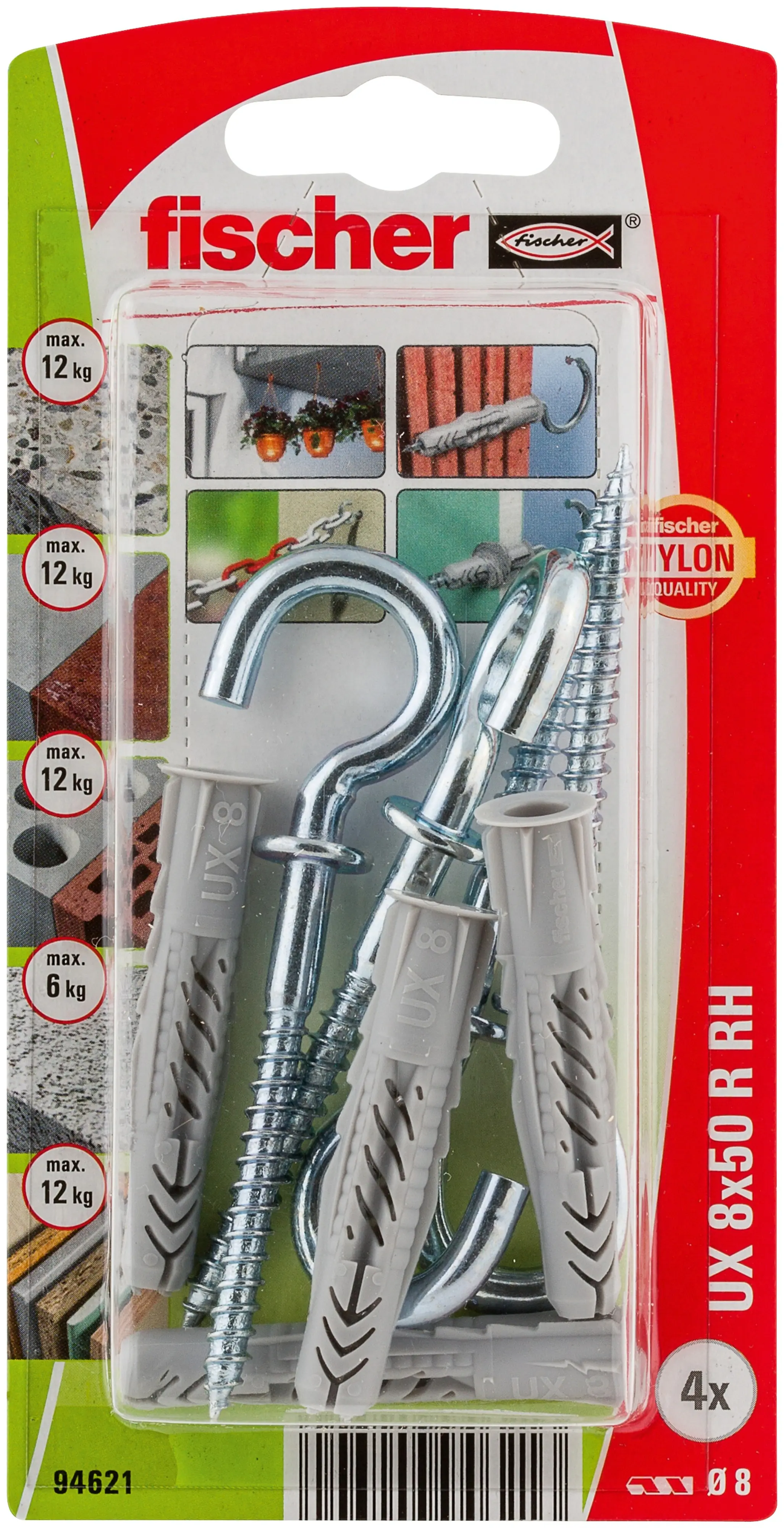 Fischer Universaldübel UX RH 8 x 50 mm mit Rundhaken - 4 Stück