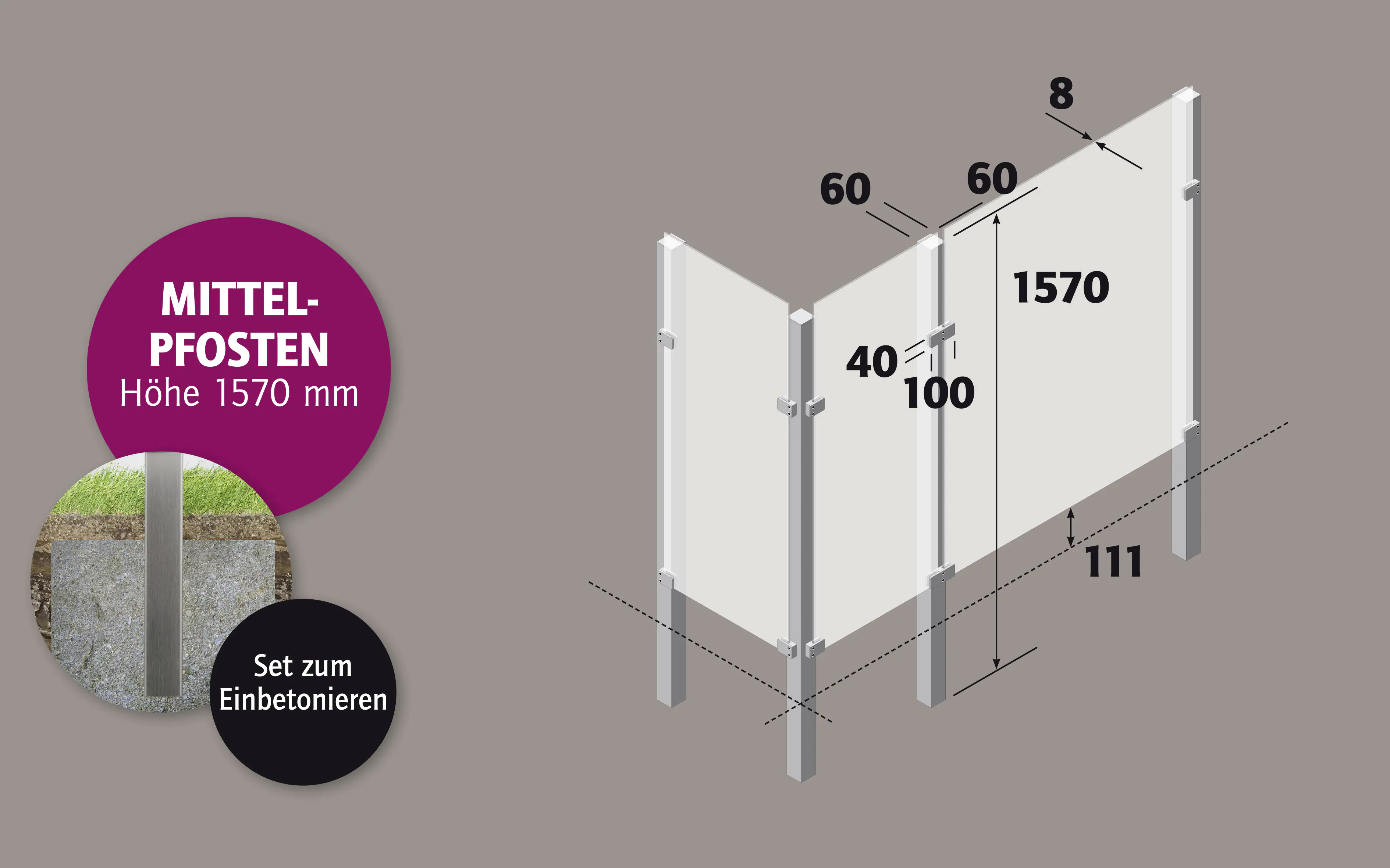 Ambiente Mittelpfosten-Set zum EINBETONIEREN 157 cm 6 x 6 cm Edelstahl V2A