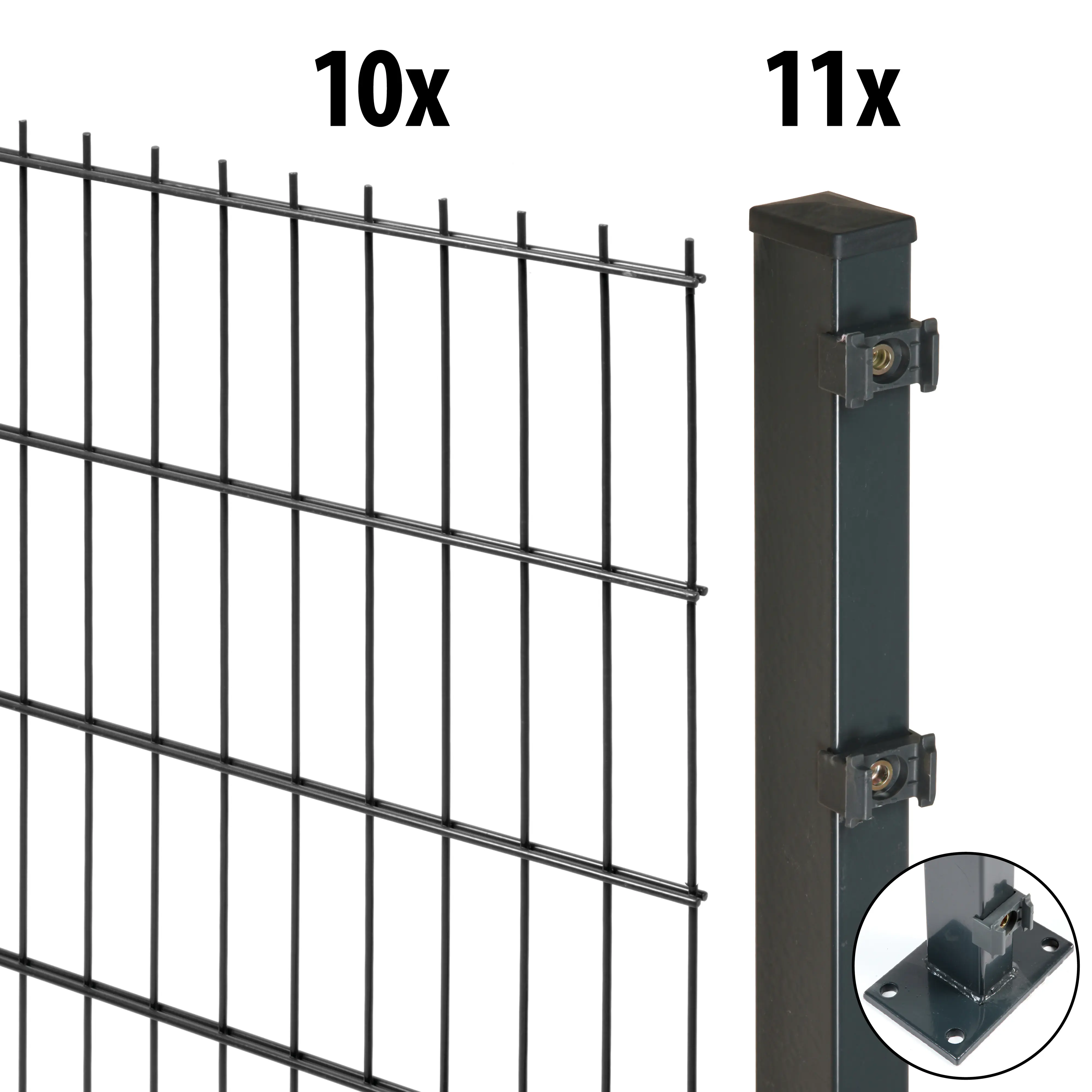 Floraworld Doppelstabmatten-Zaun Set Comfort 20 m 201 x 143 cm mit Bodenplatte & 11 Pfosten 149 cm anthrazit