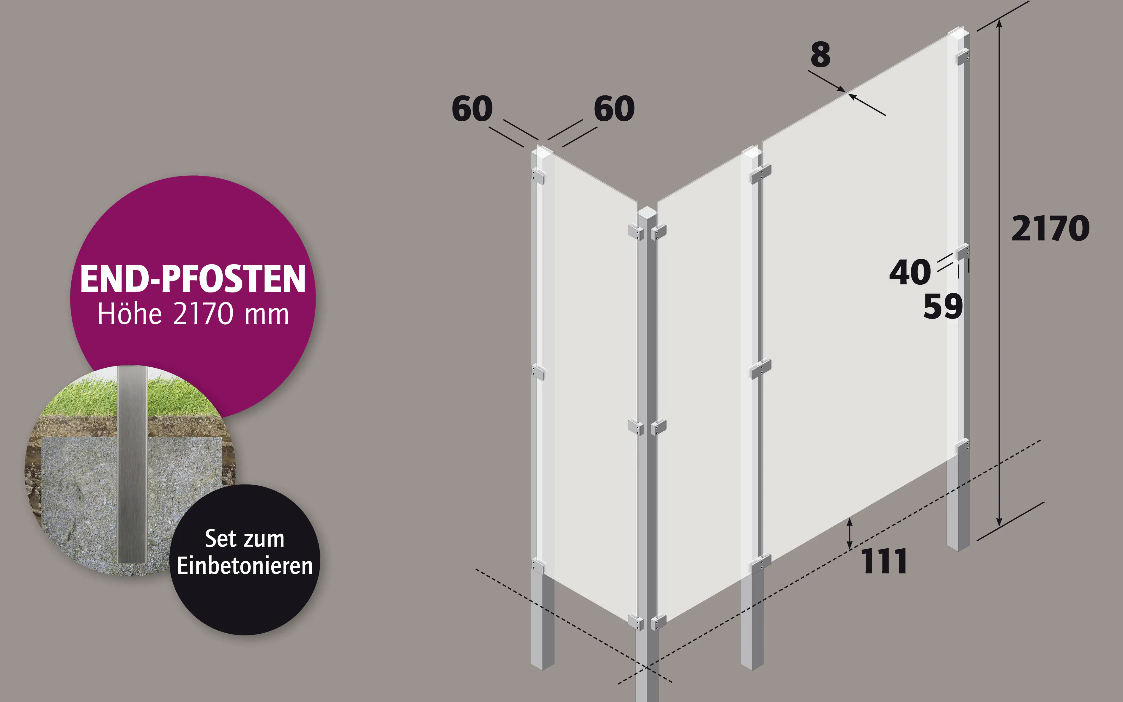Ambiente Endpfosten-Set zum EINBETONIEREN 217 cm, 60 x 60 mm, Edelstahl