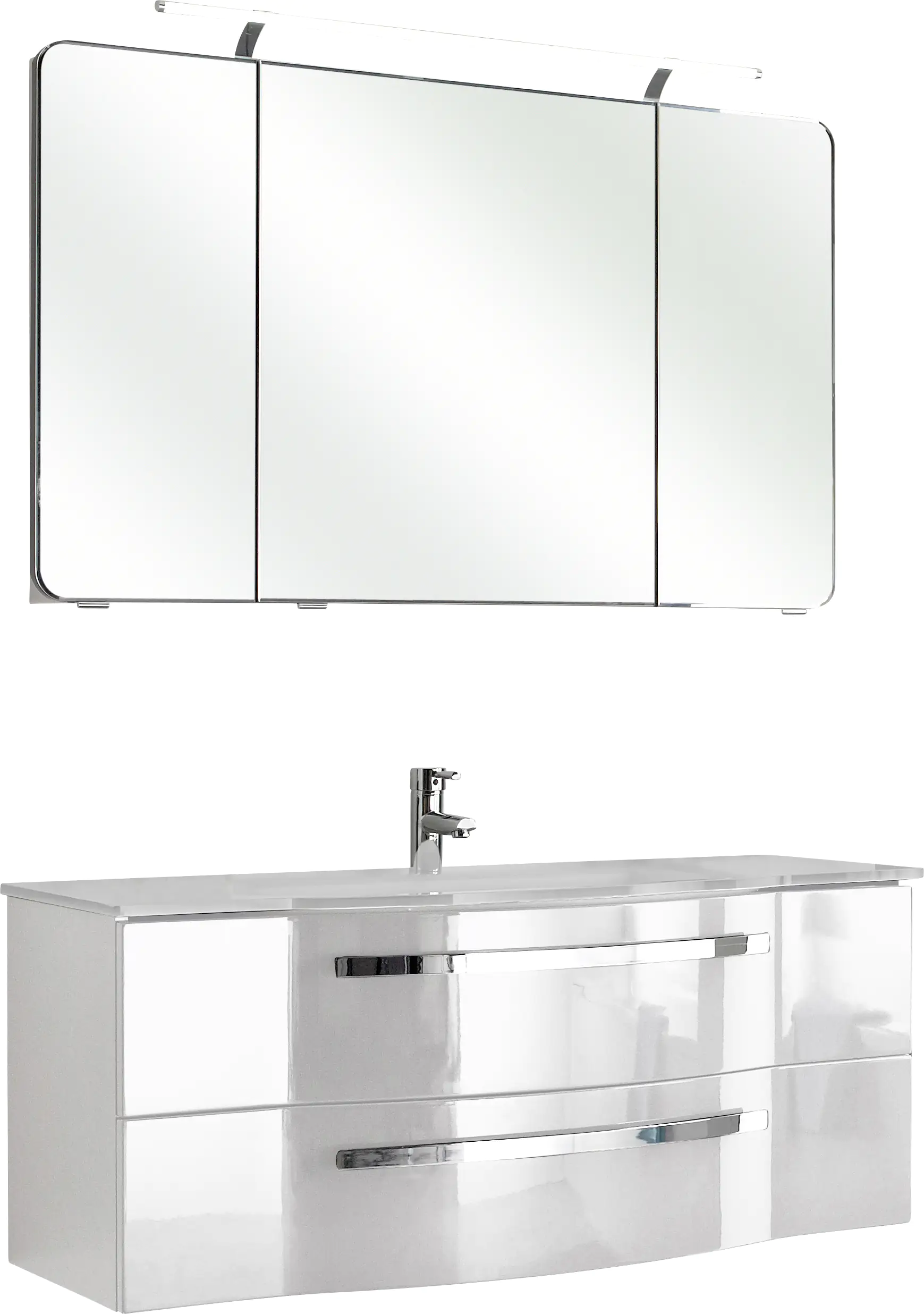 Pelipal Badmöbel-Set 4005 Lack polarweiß Hgl mit Glas-Waschtisch + LED-Leuchte 120 cm