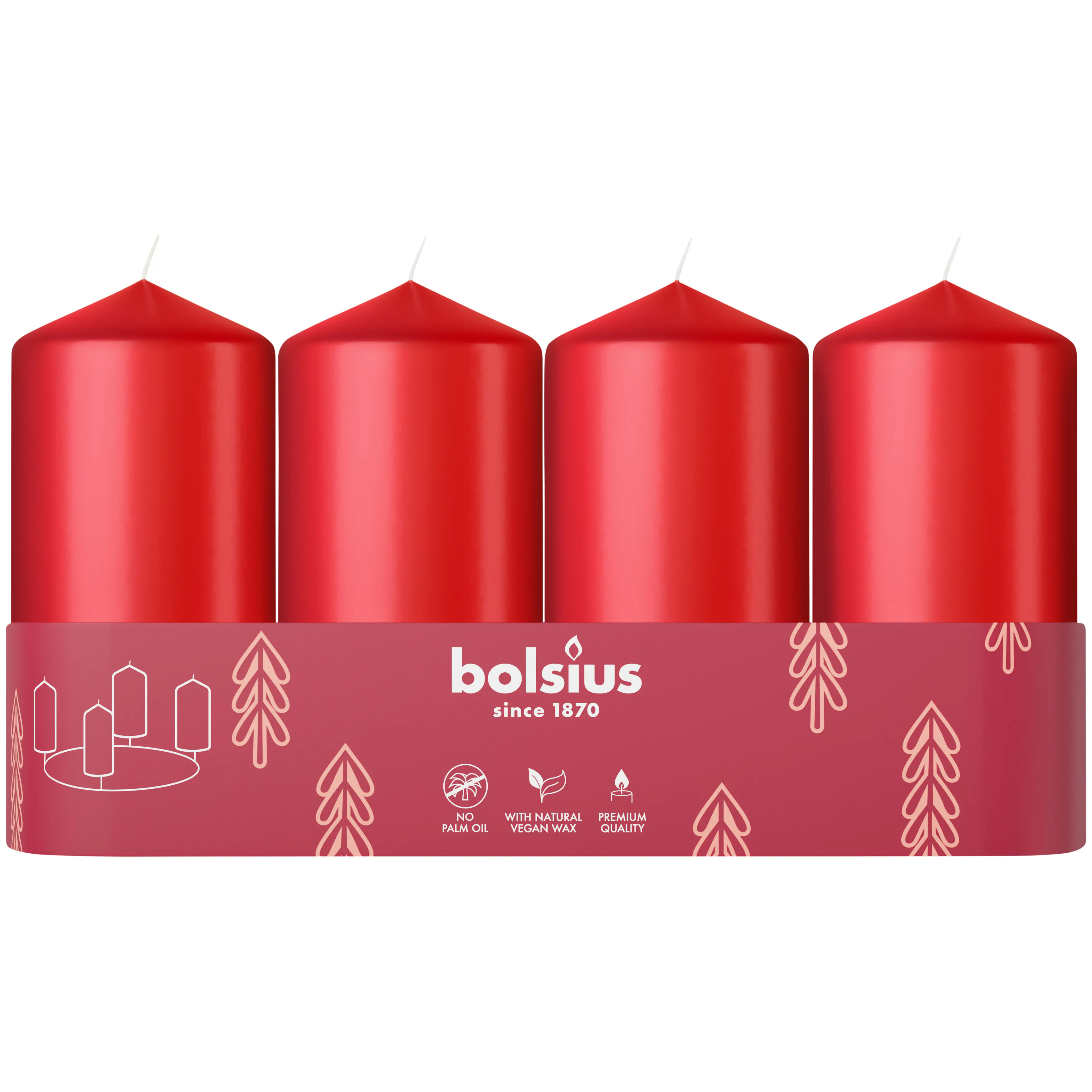 Bolsius Stumpenkerzen 4er Tray Ø 4,8 x 10 cm zartes rot