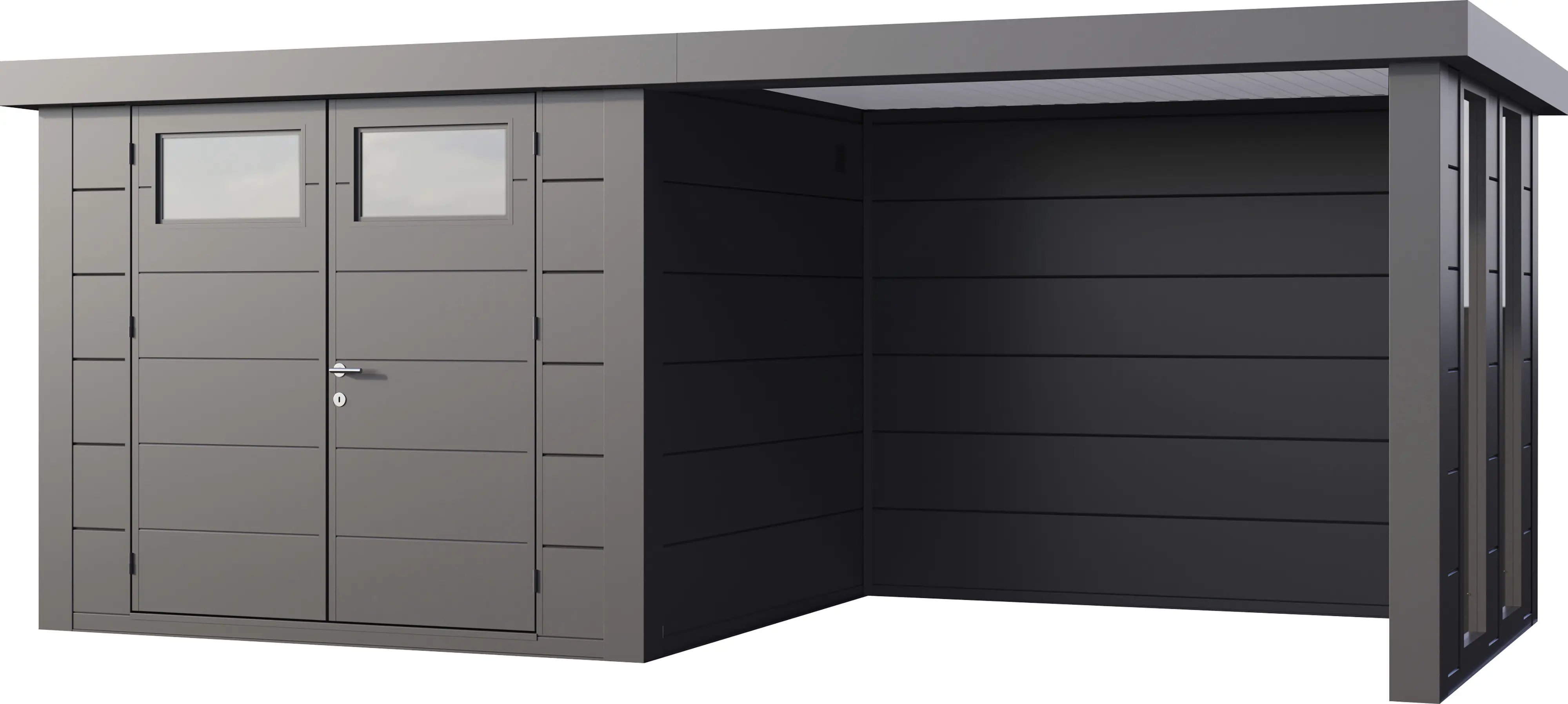 Telluria Gerätehaus Classico Lounge S mit Fenstern 2724 rechts granitgrau 552 x 238 cm