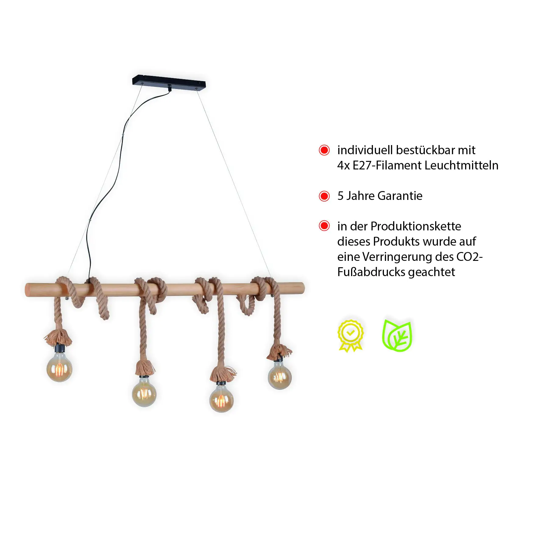 JustLight 4er Pendelleuchte Rope schwarz-natur 100 x 7 cm E27 15 W