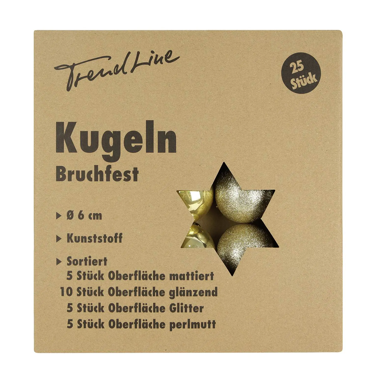 TrendLine Weihnachtskugeln bruchfest, langlebig Ø 6 cm gold 25 Stück
