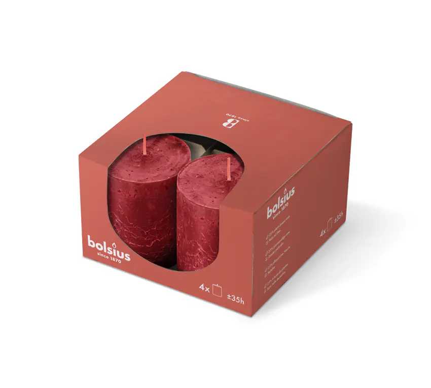 Bolsius Stumpenkerze Rustik Ø 6,8 x 8 cm zartes rot 4er Pack