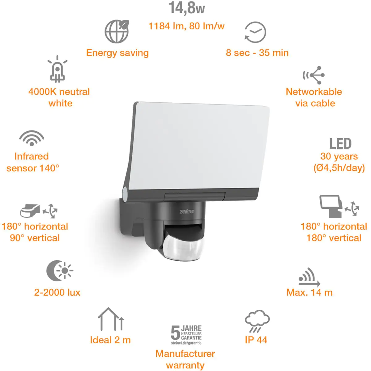 Steinel Strahler XLED Home 2 S Graphit mit Bewegungsmelder, Sensor