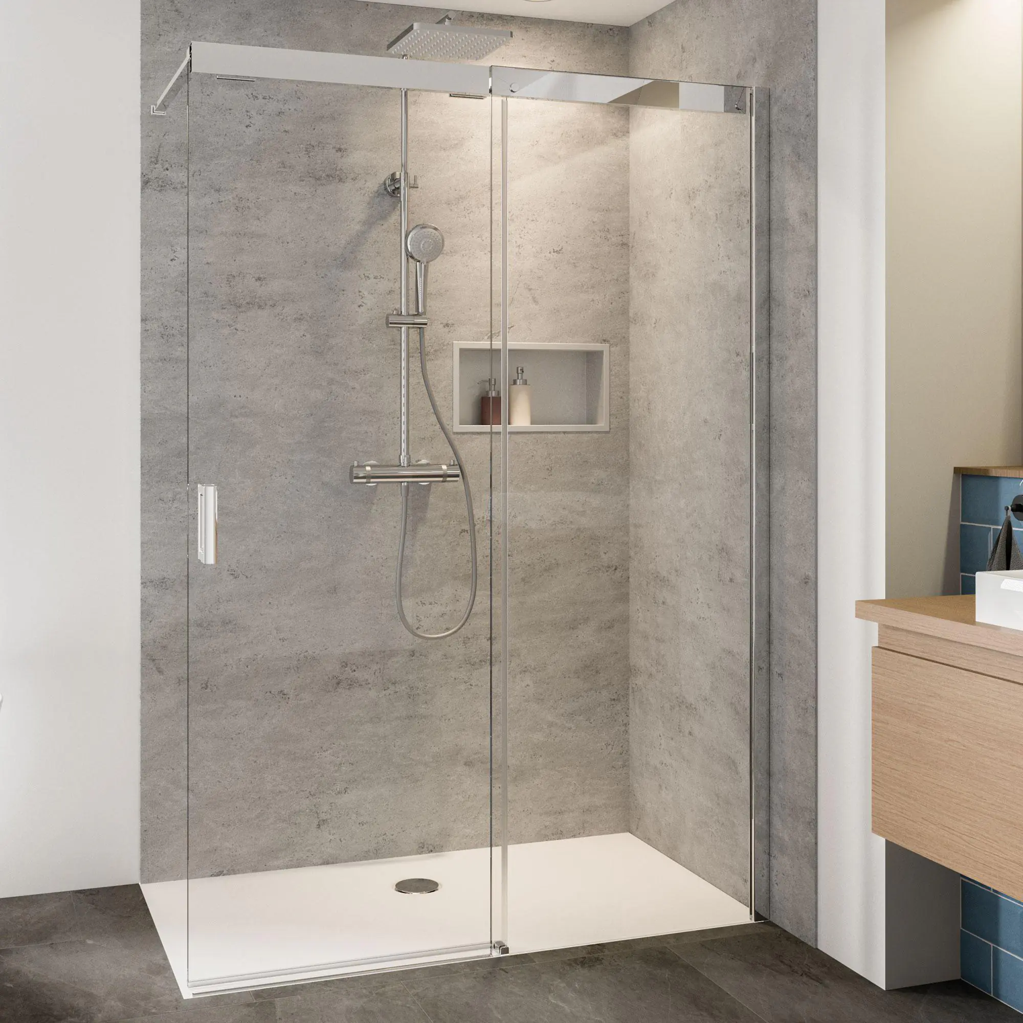 Breuer Schiebetür Dusche Panorama 160 x 200 cm Alu chrom Anschlag rechts