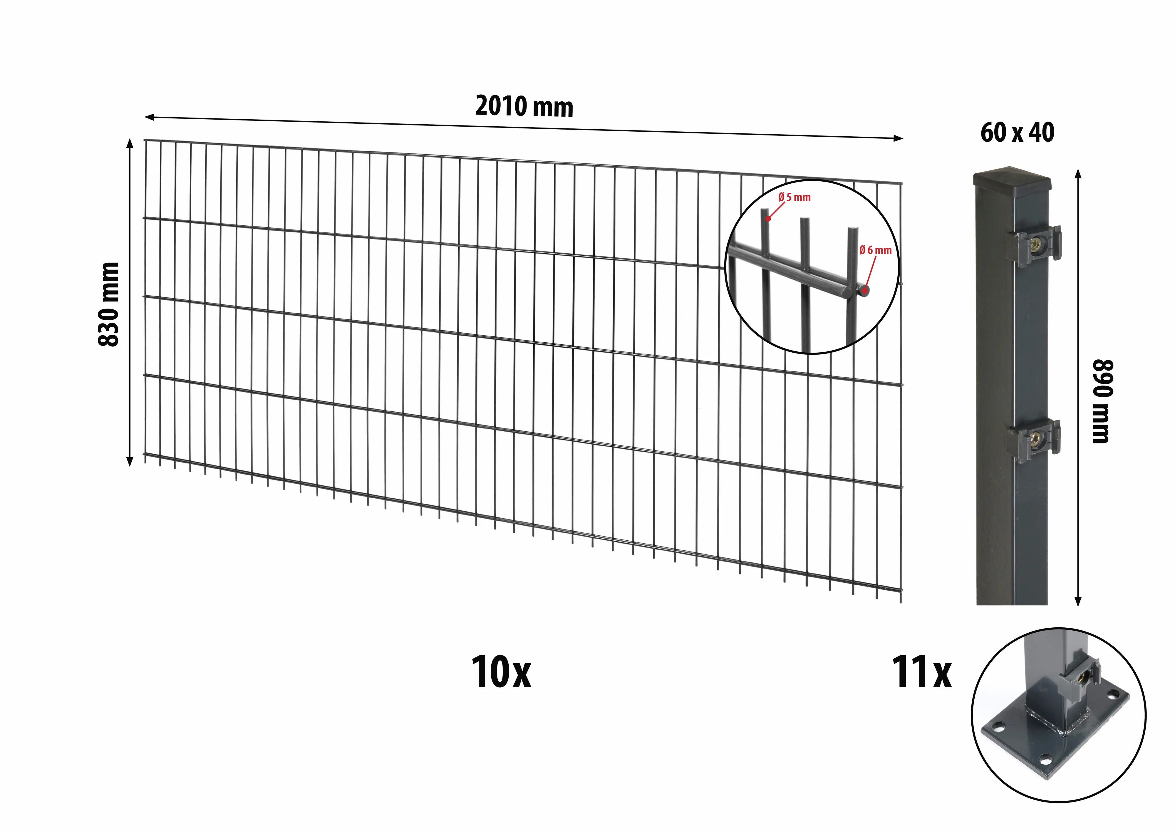 Floraworld Doppelstabmatten-Zaun Set Comfort 20 m 201 x 83 cm mit Bodenplatte & 11 Pfosten 89 cm anthrazit